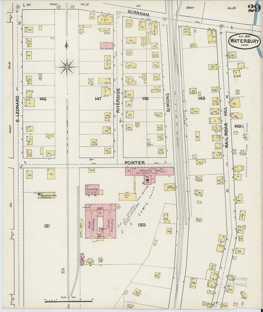 This old map of Waterbury, New Haven County, Connecticut was created by Sanborn Map Company in 1890