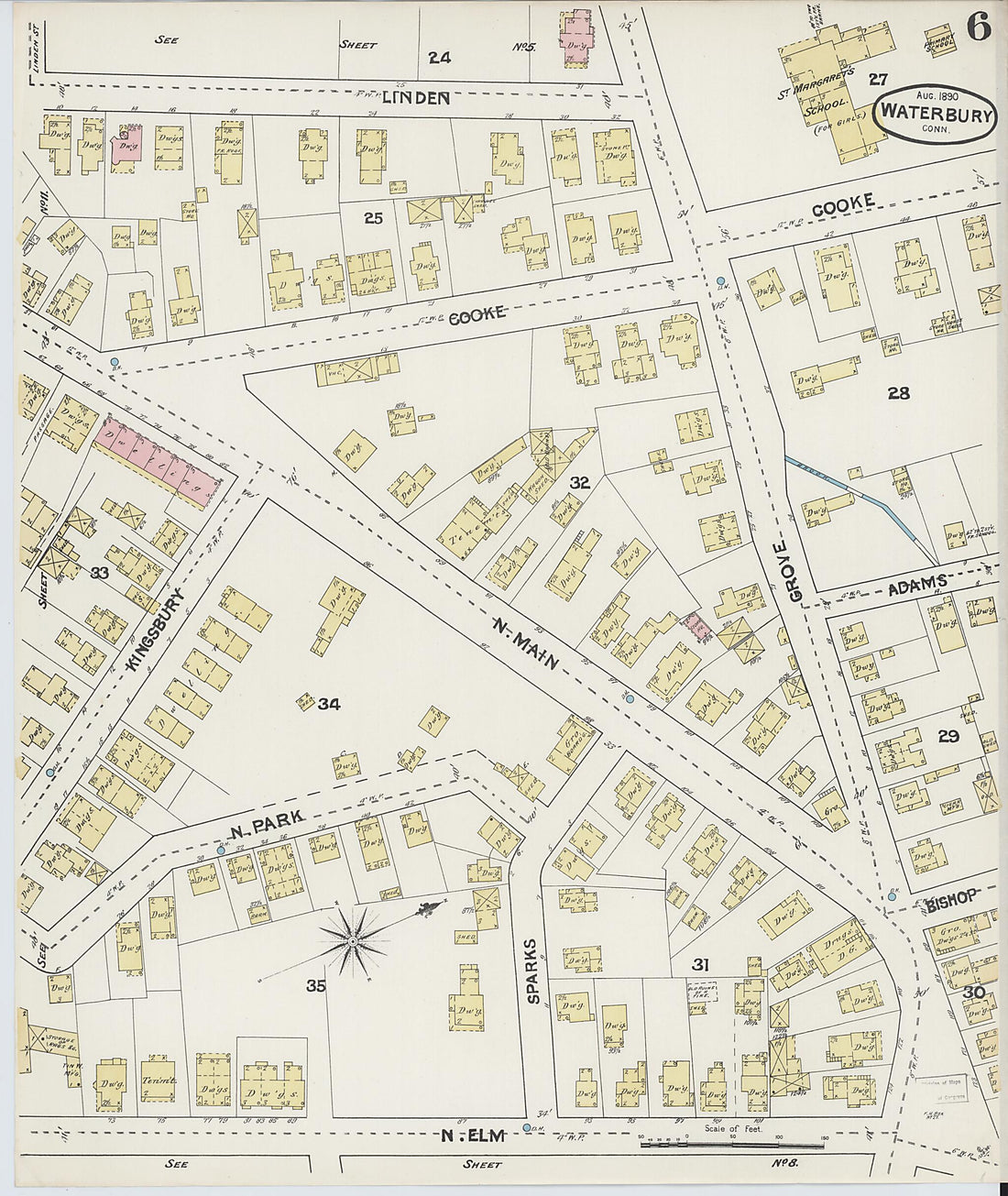 This old map of Waterbury, New Haven County, Connecticut was created by Sanborn Map Company in 1890