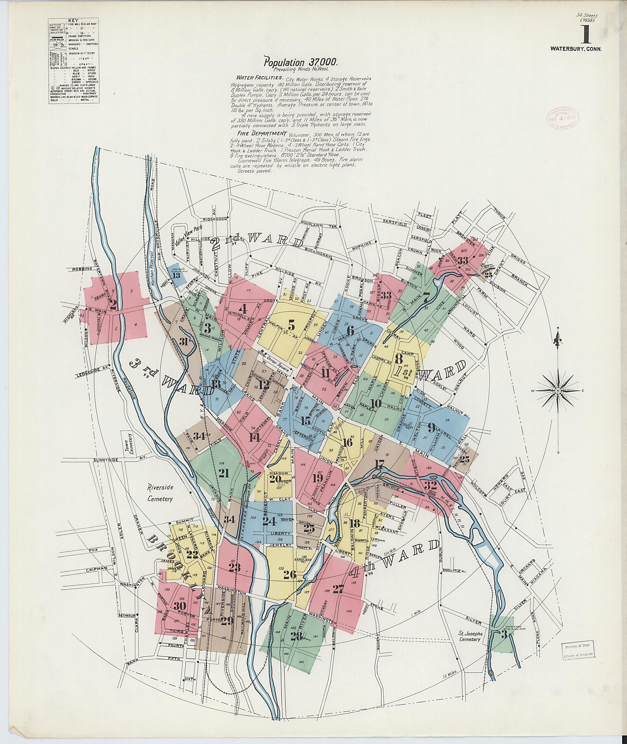 This old map of Waterbury, New Haven County, Connecticut was created by Sanborn Map Company in 1895