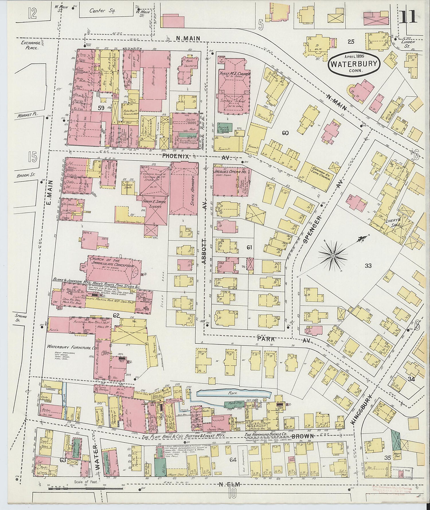 This old map of Waterbury, New Haven County, Connecticut was created by Sanborn Map Company in 1895