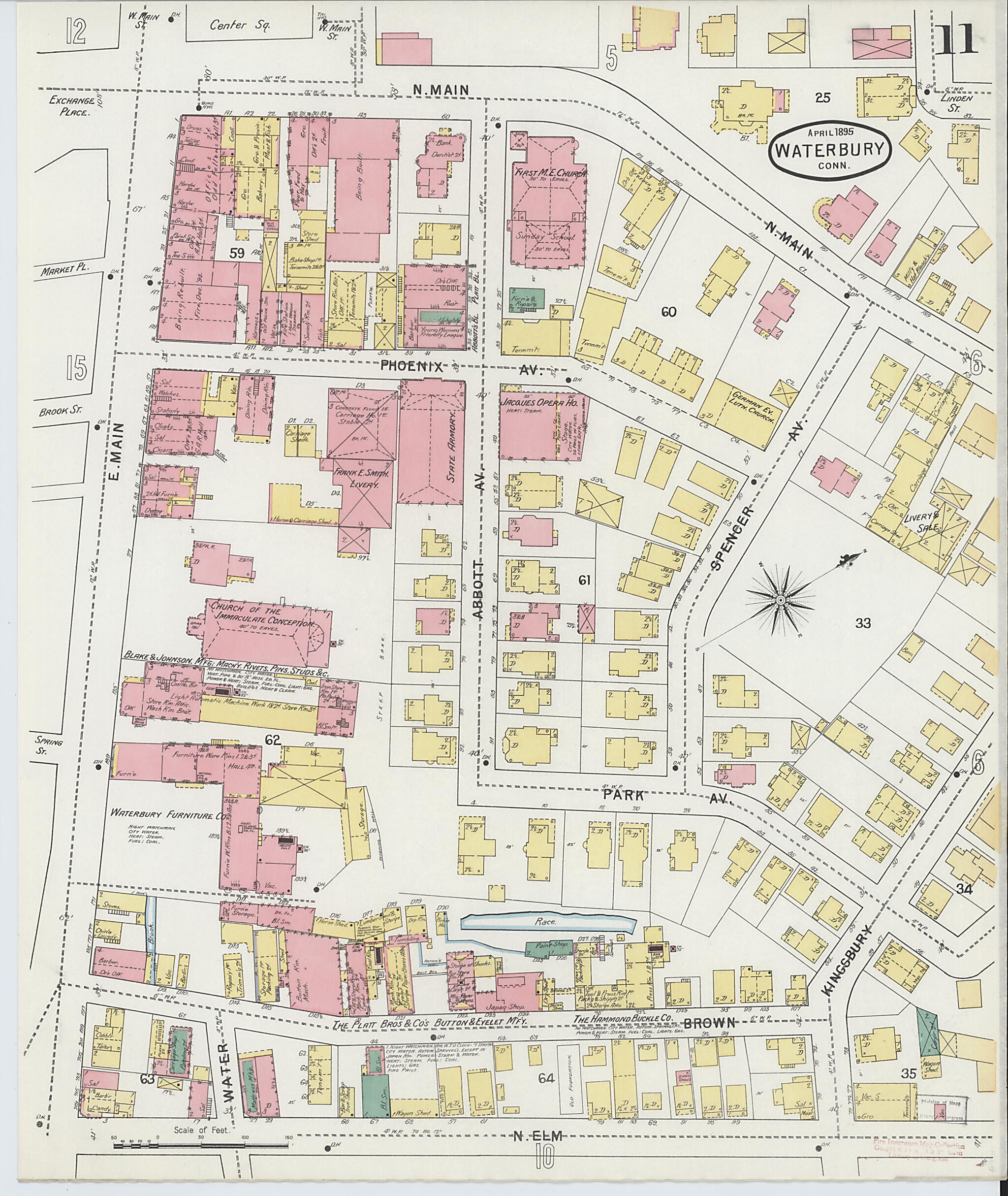 This old map of Waterbury, New Haven County, Connecticut was created by Sanborn Map Company in 1895