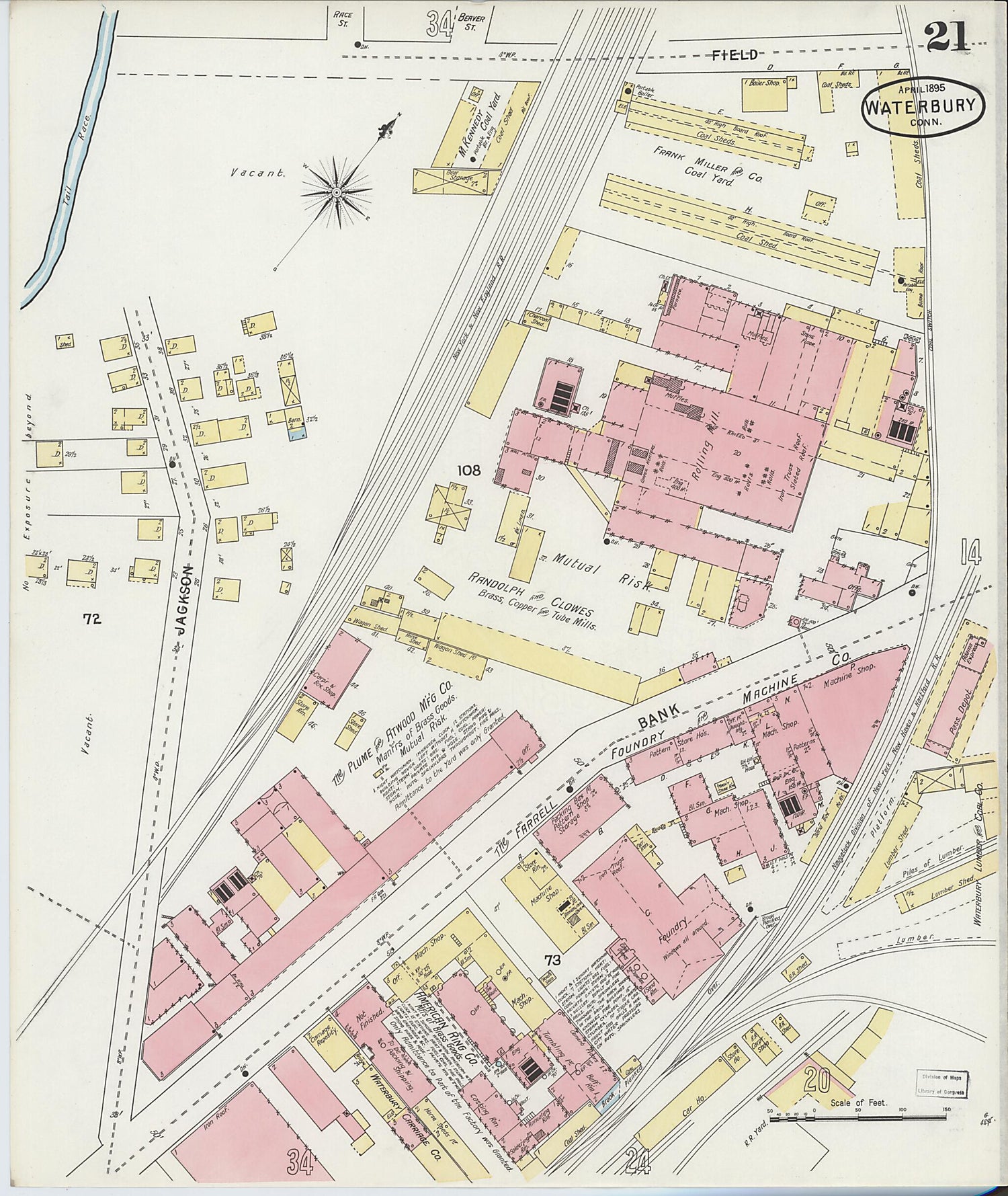This old map of Waterbury, New Haven County, Connecticut was created by Sanborn Map Company in 1895