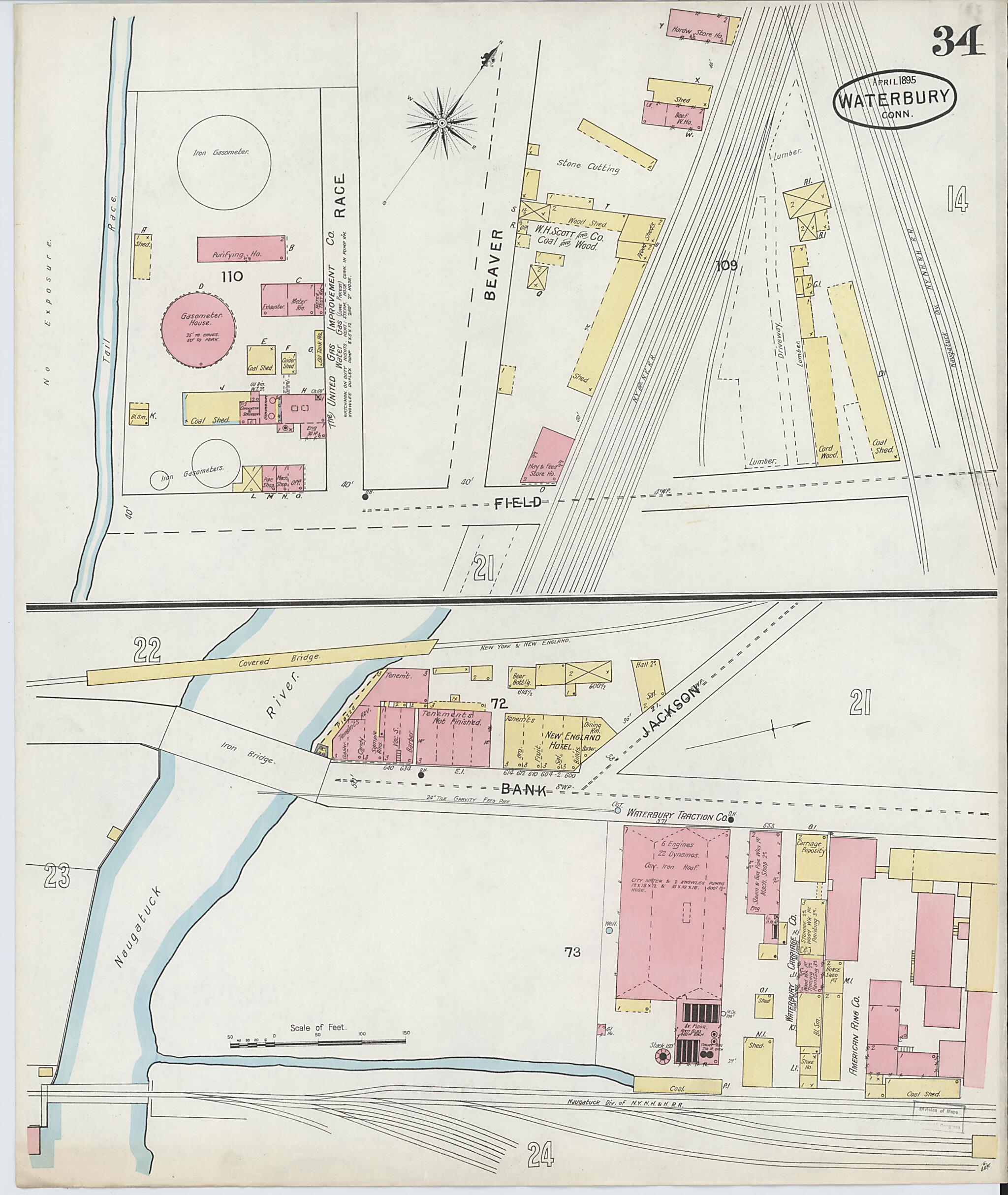 This old map of Waterbury, New Haven County, Connecticut was created by Sanborn Map Company in 1895
