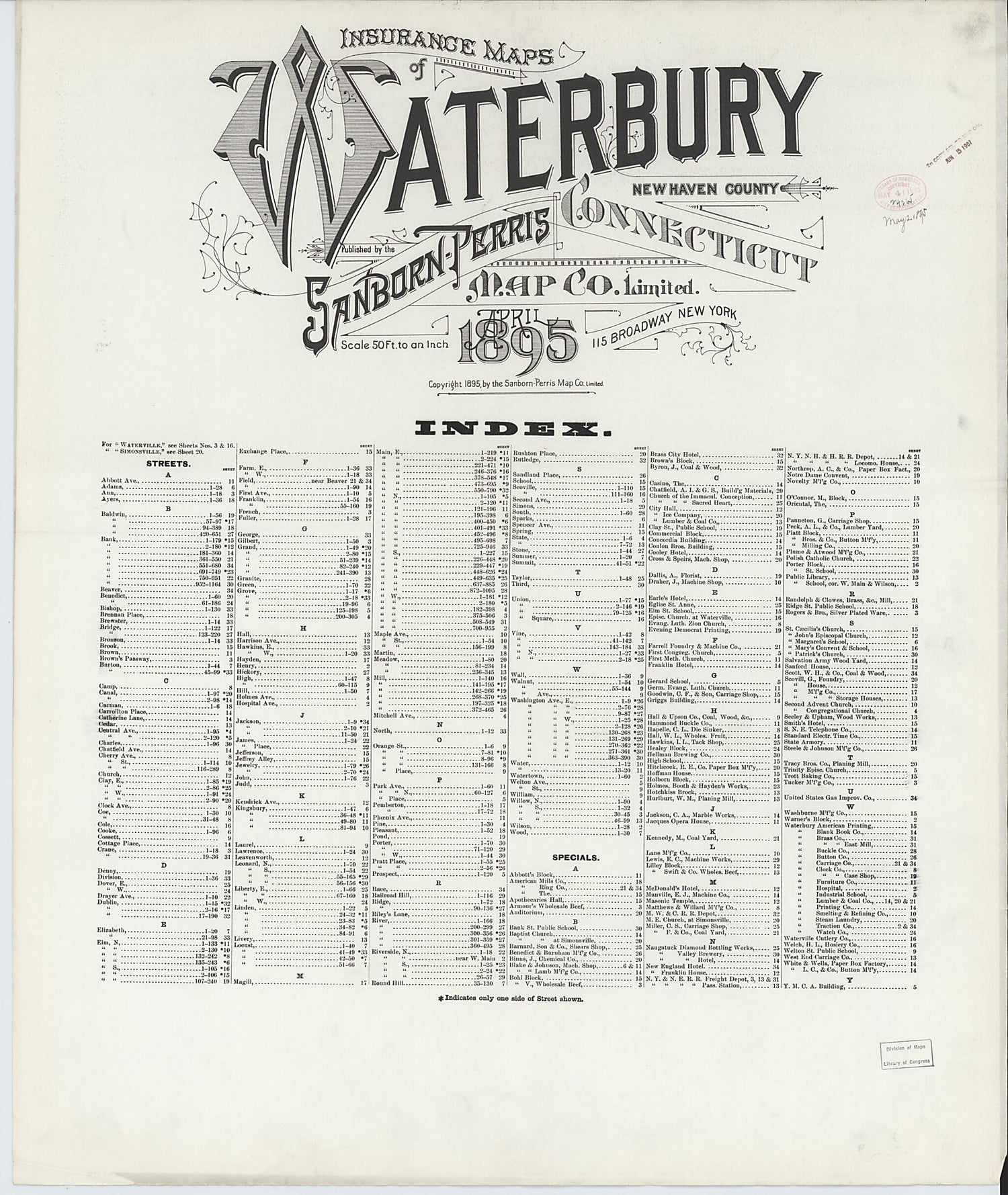 This old map of Waterbury, New Haven County, Connecticut was created by Sanborn Map Company in 1895