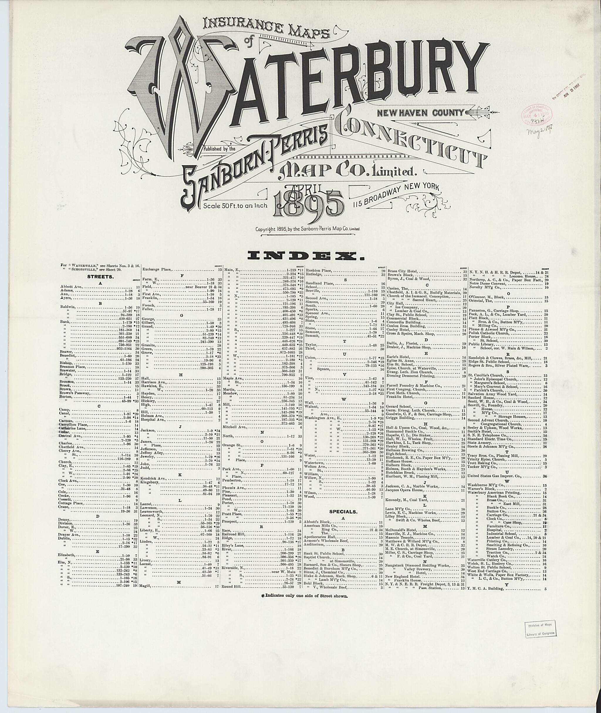 This old map of Waterbury, New Haven County, Connecticut was created by Sanborn Map Company in 1895