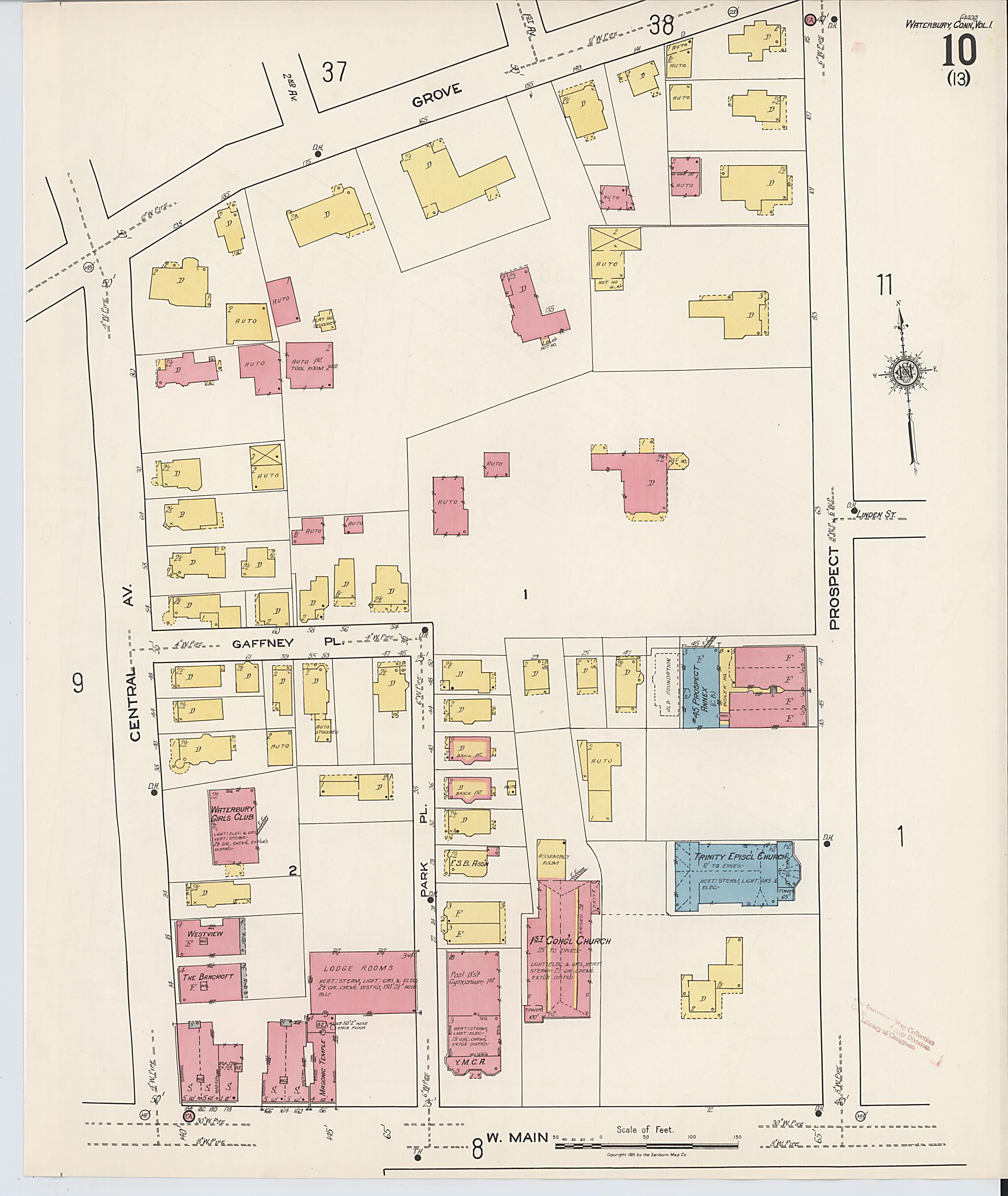 This old map of Waterbury, New Haven County, Connecticut was created by Sanborn Map Company in 1922