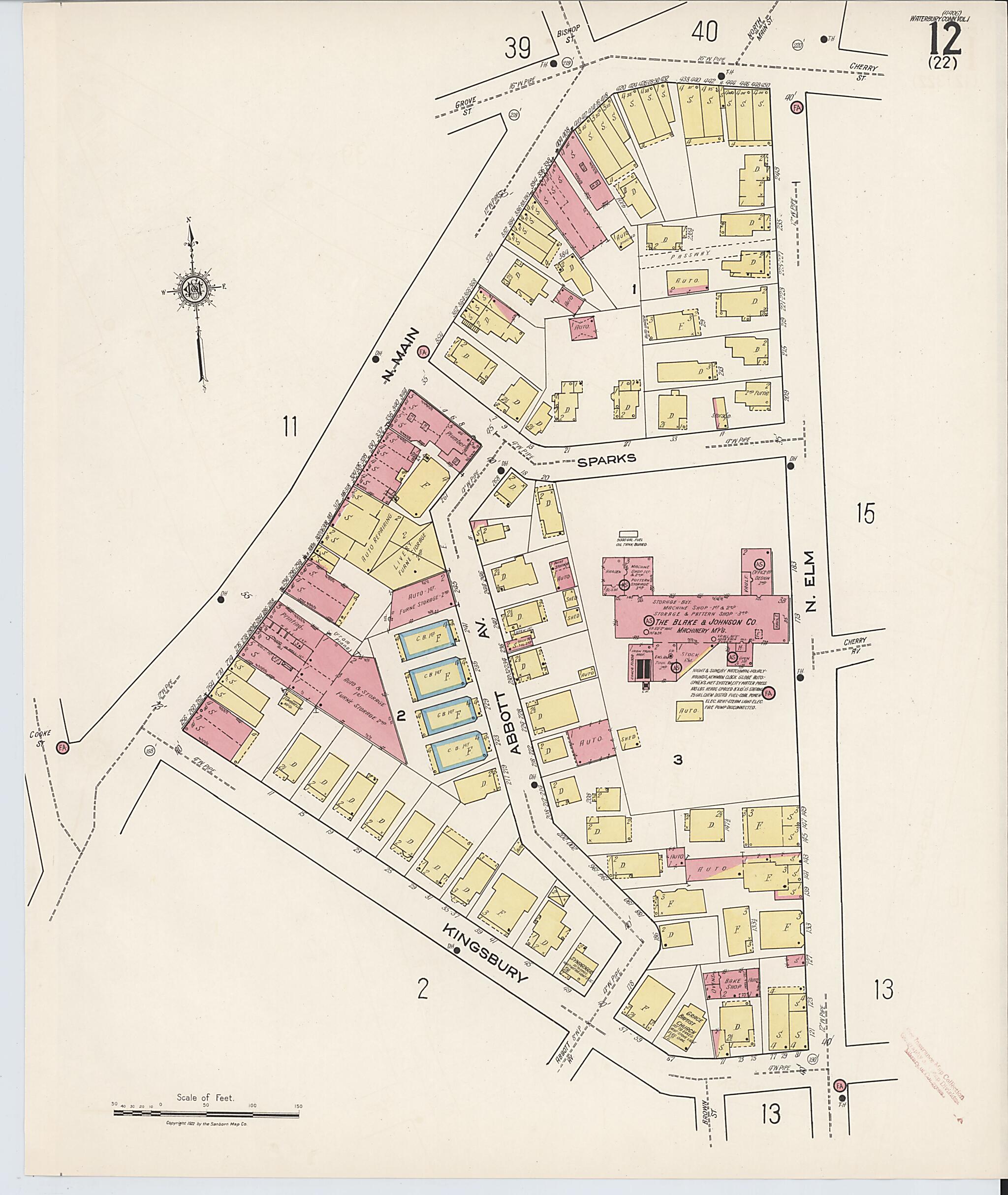 This old map of Waterbury, New Haven County, Connecticut was created by Sanborn Map Company in 1922