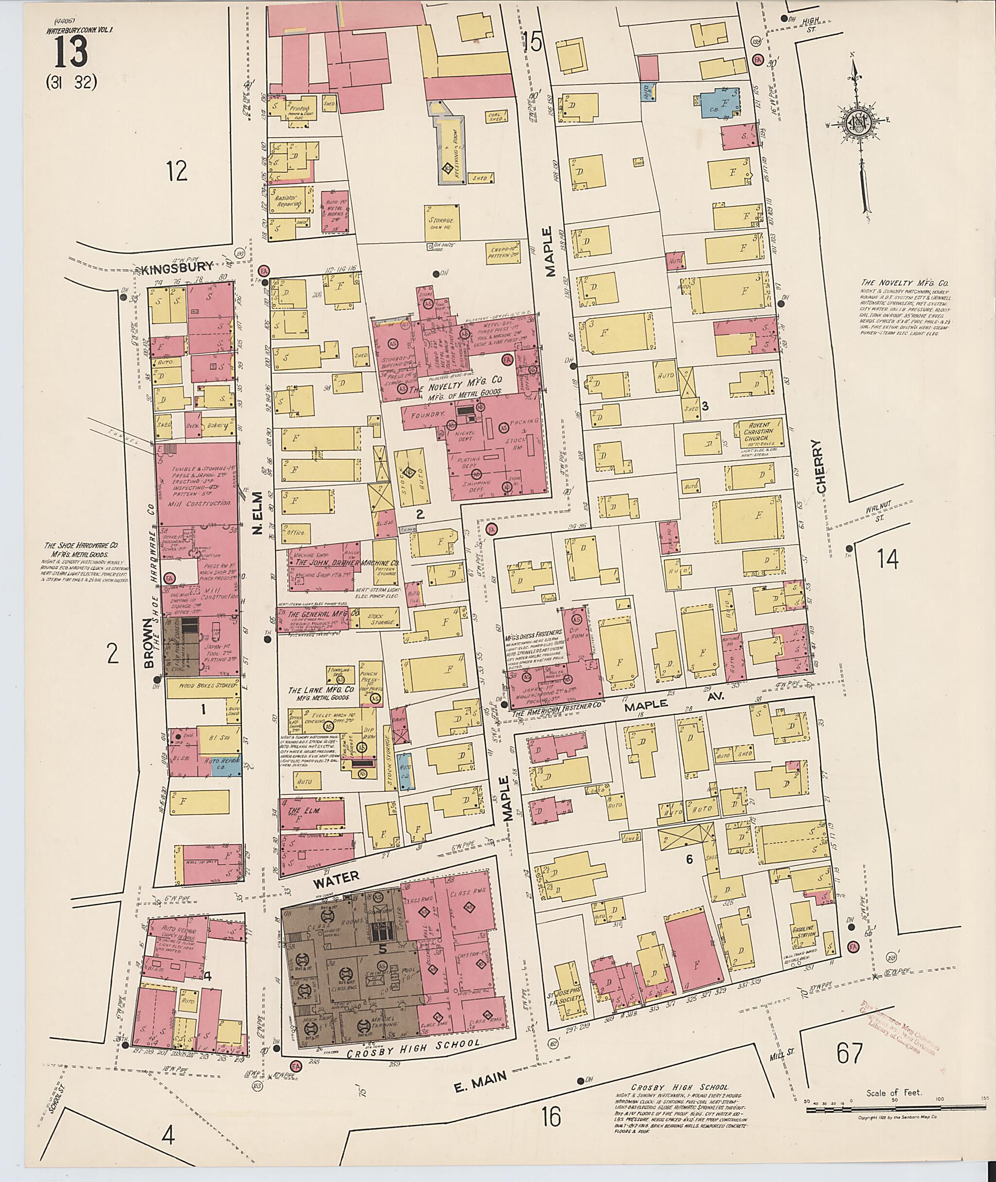 This old map of Waterbury, New Haven County, Connecticut was created by Sanborn Map Company in 1922