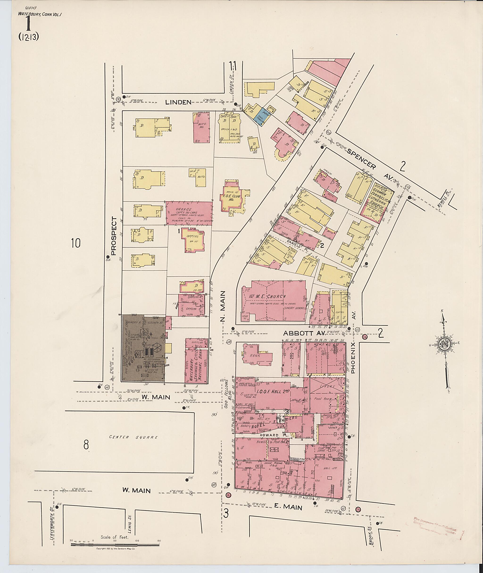 This old map of Waterbury, New Haven County, Connecticut was created by Sanborn Map Company in 1922
