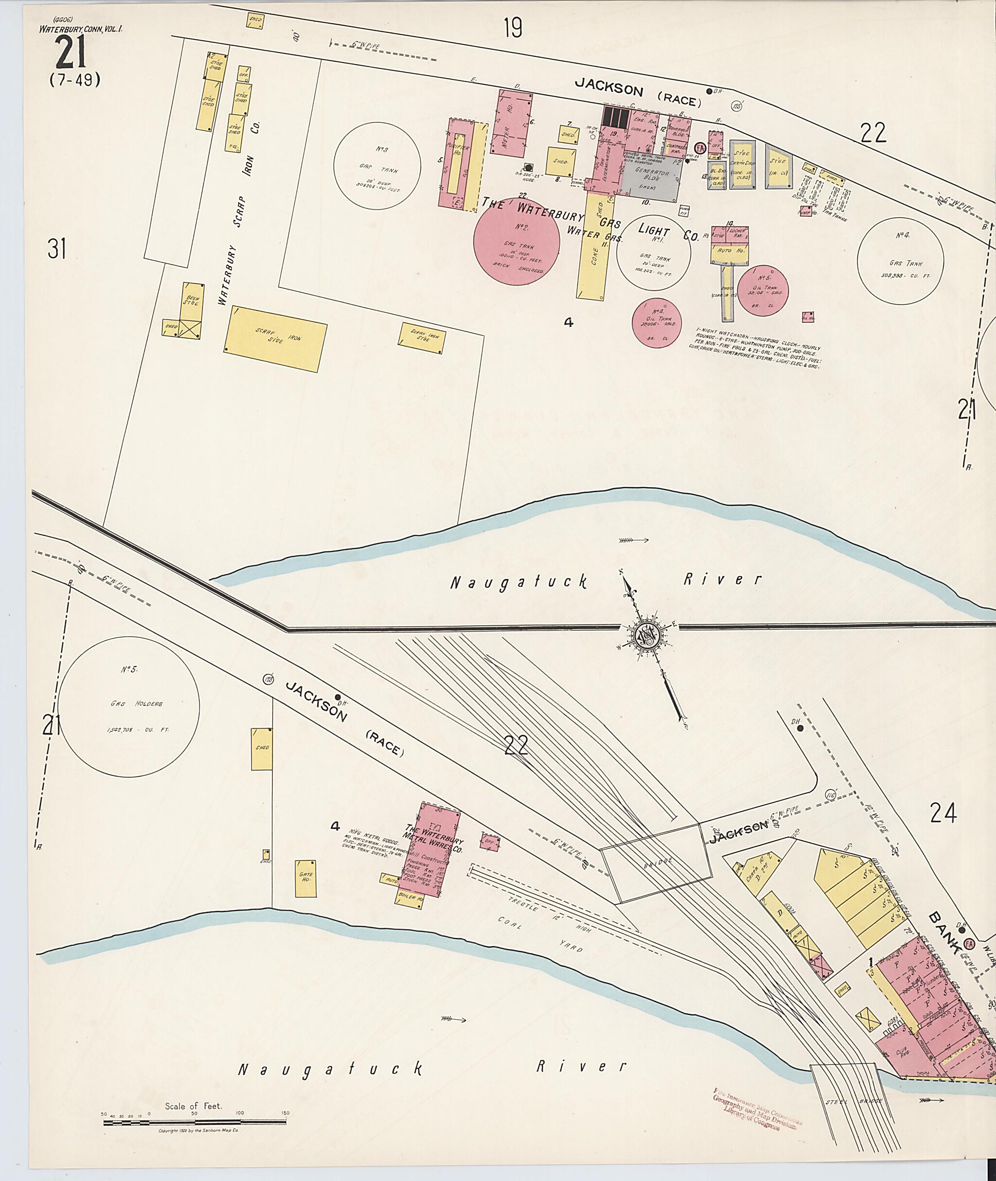 This old map of Waterbury, New Haven County, Connecticut was created by Sanborn Map Company in 1922
