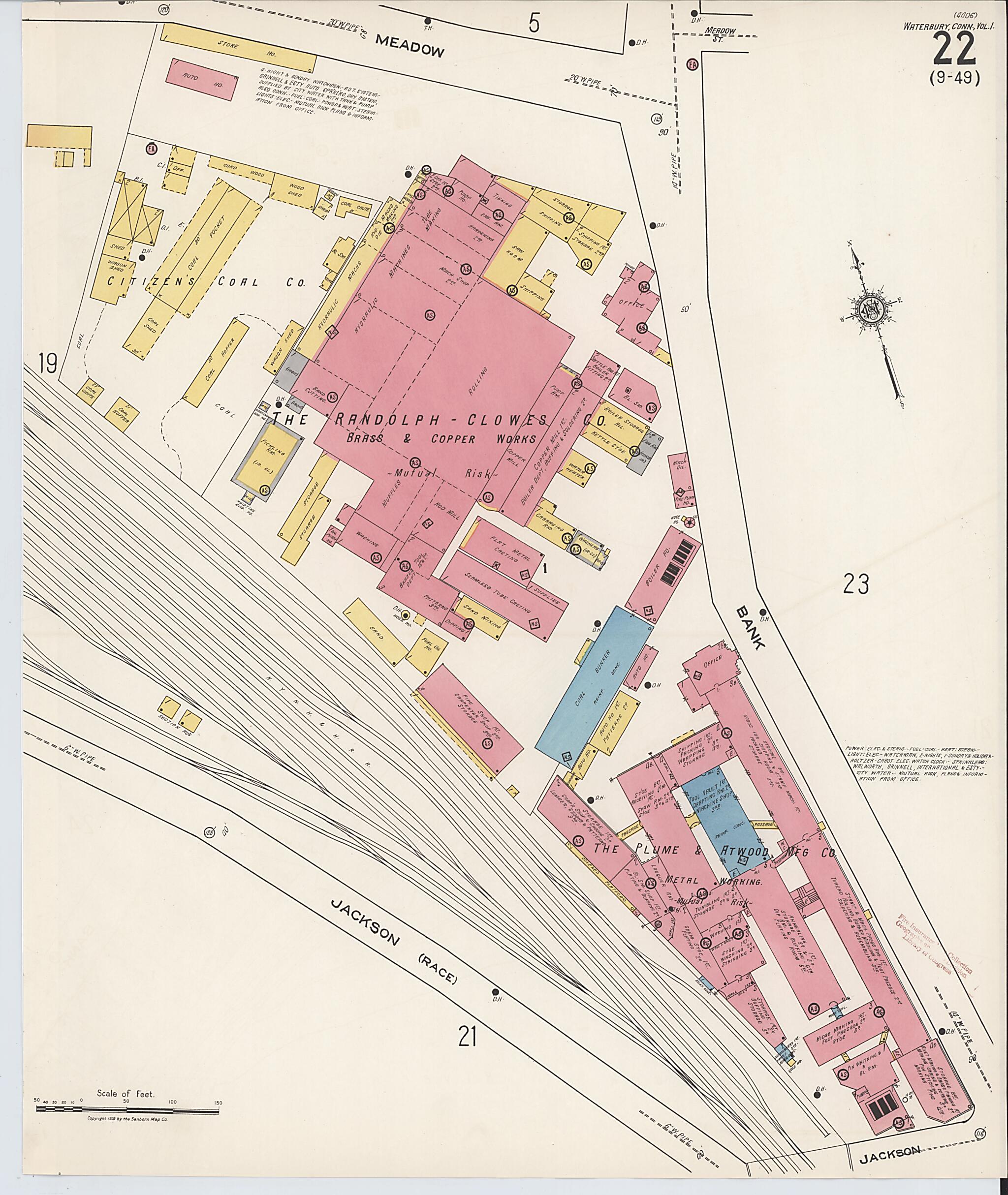 This old map of Waterbury, New Haven County, Connecticut was created by Sanborn Map Company in 1922