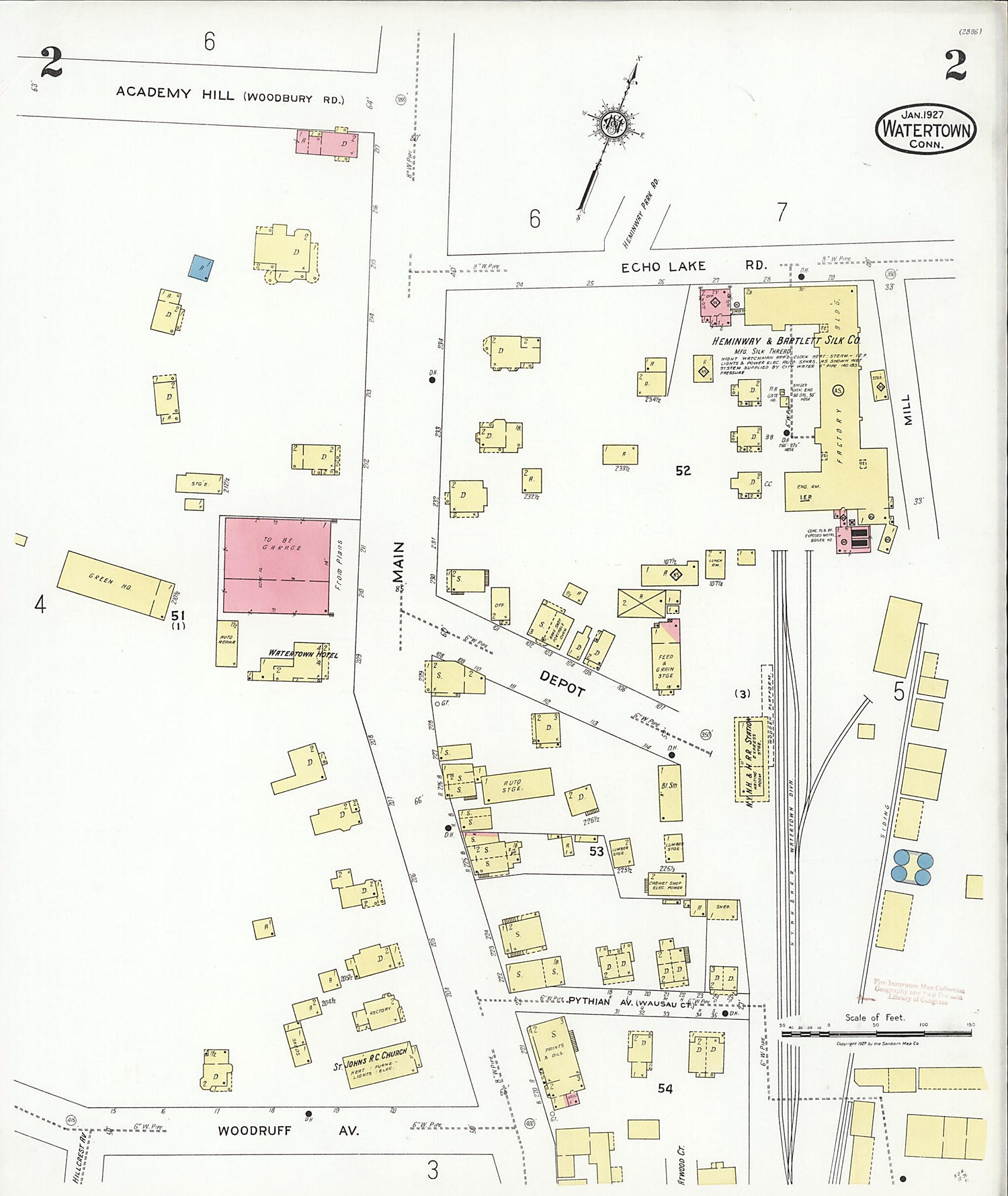 This old map of Watertown, Litchfield County, Connecticut was created by Sanborn Map Company in 1927
