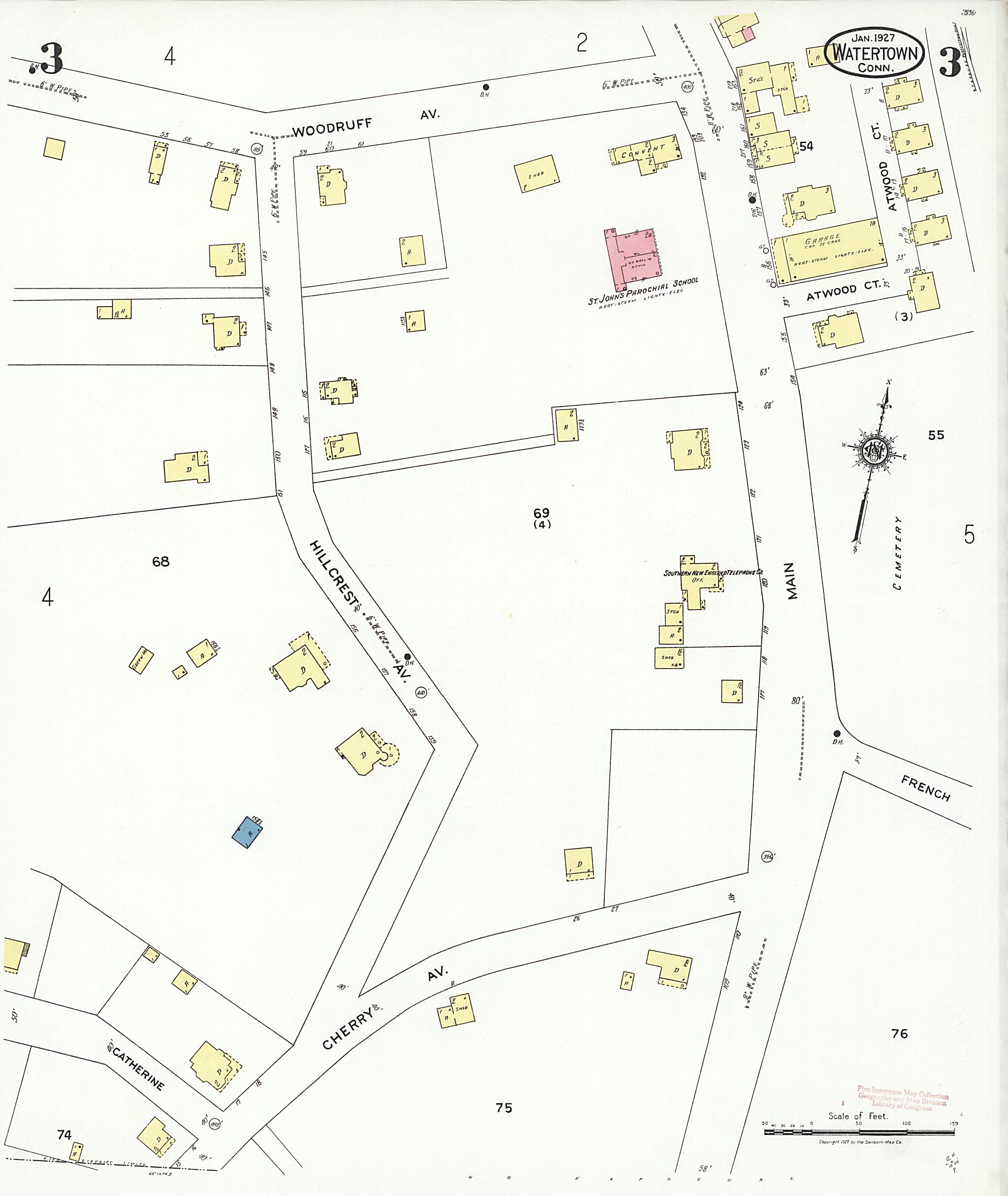 This old map of Watertown, Litchfield County, Connecticut was created by Sanborn Map Company in 1927