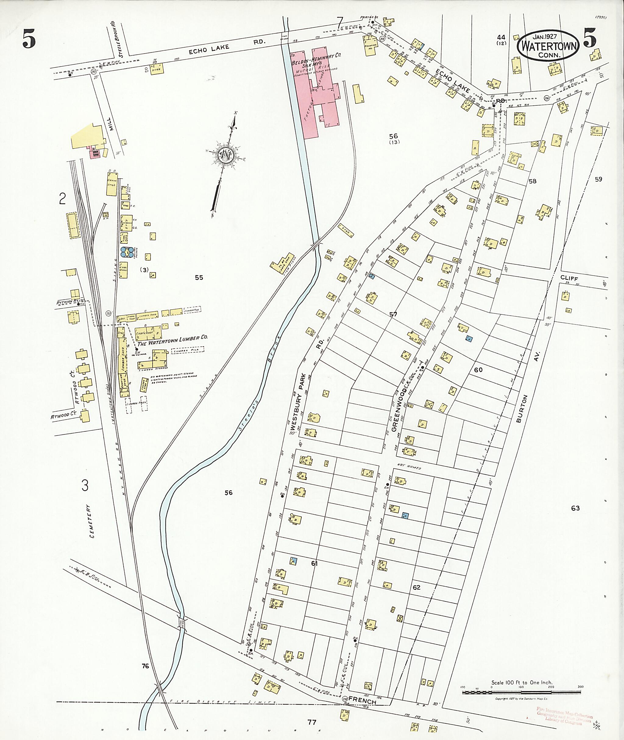 This old map of Watertown, Litchfield County, Connecticut was created by Sanborn Map Company in 1927