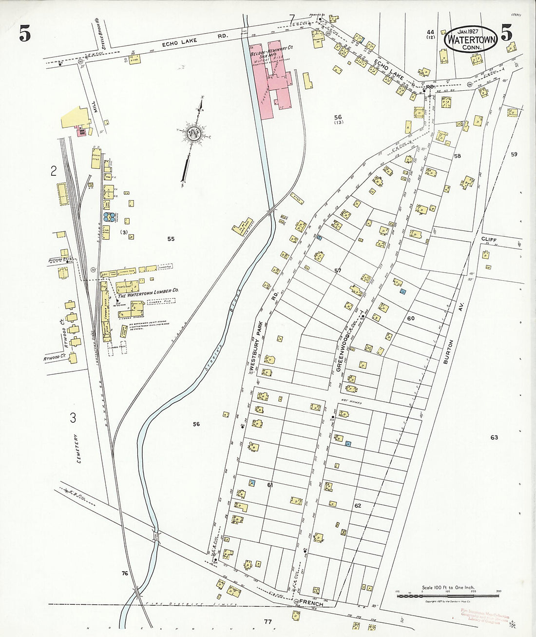 This old map of Watertown, Litchfield County, Connecticut was created by Sanborn Map Company in 1927
