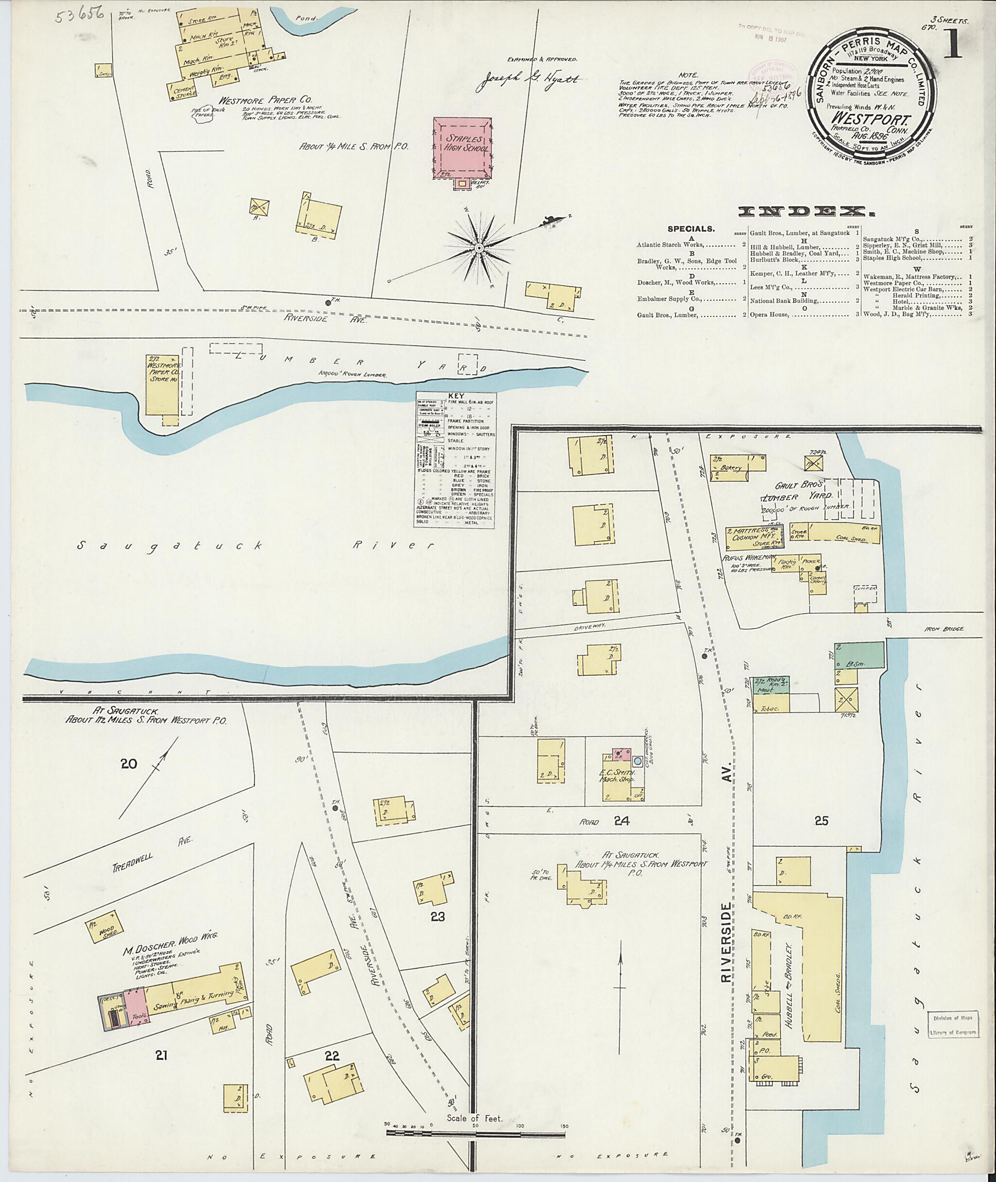 This old map of Westport, Fairfield County, Connecticut was created by Sanborn Map Company in 1896