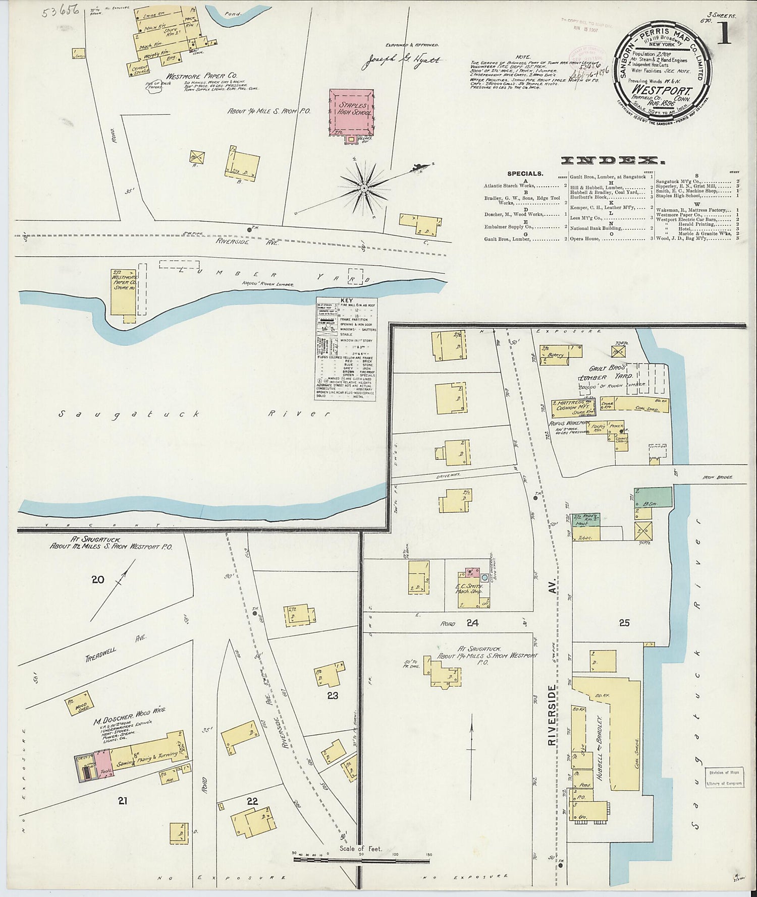 This old map of Westport, Fairfield County, Connecticut was created by Sanborn Map Company in 1896