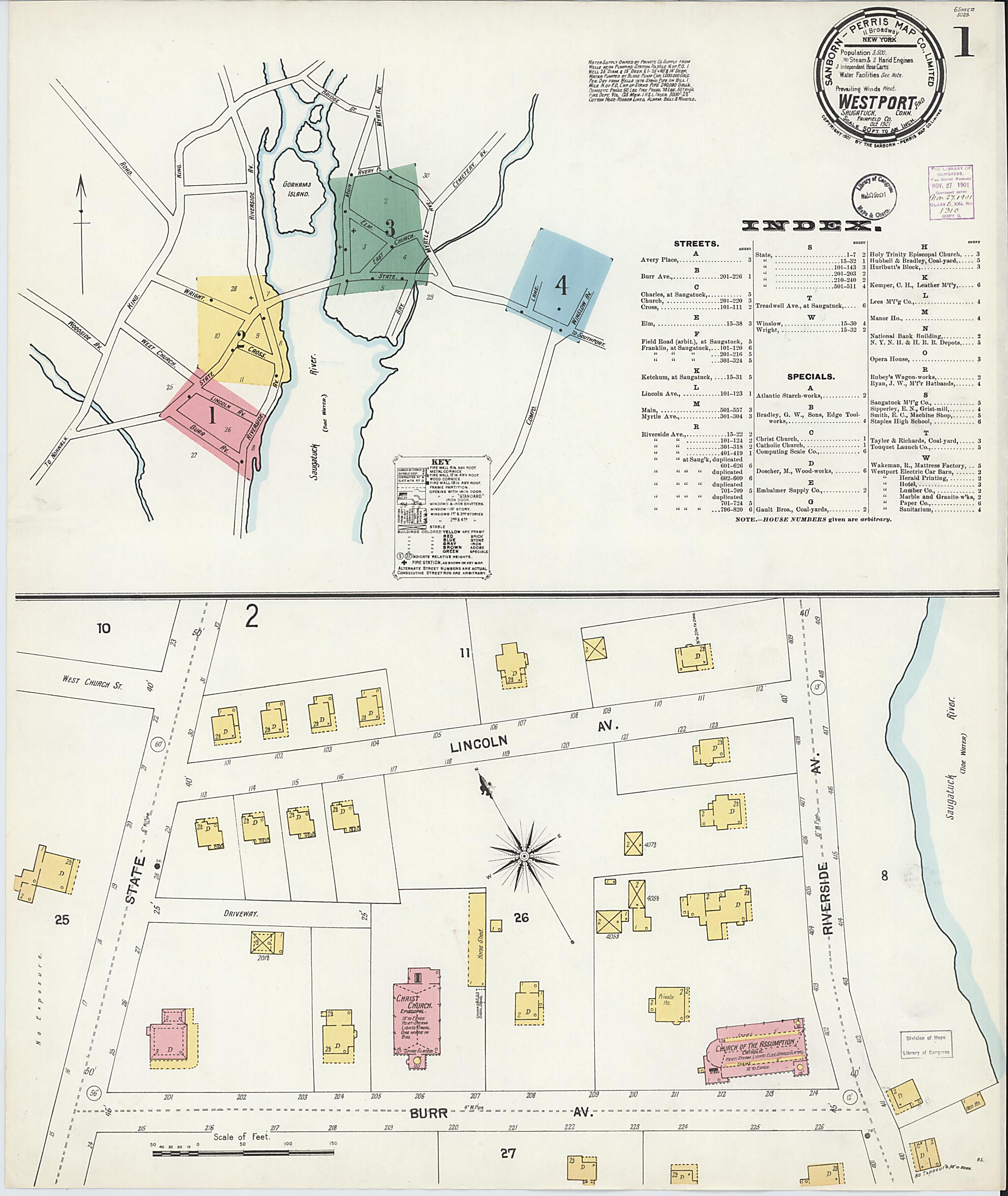This old map of Westport, Fairfield County, Connecticut was created by Sanborn Map Company in 1901
