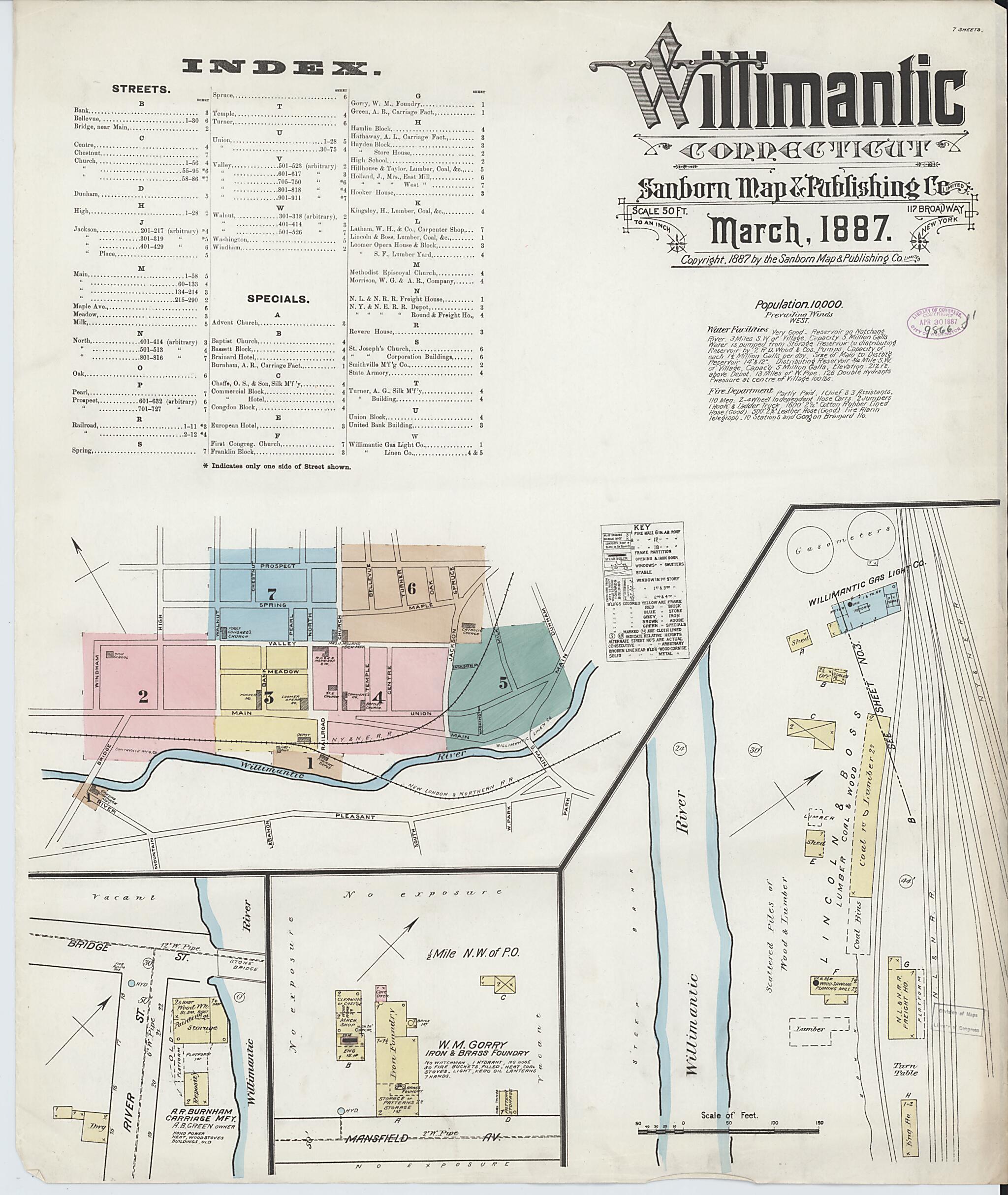 This old map of Willimantic, Windham County, Connecticut was created by Sanborn Map Company in 1887