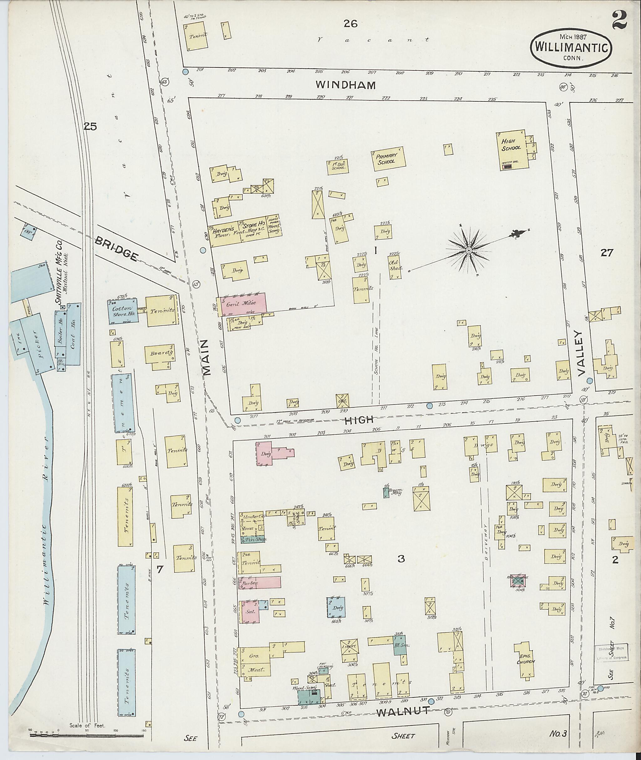This old map of Willimantic, Windham County, Connecticut was created by Sanborn Map Company in 1887