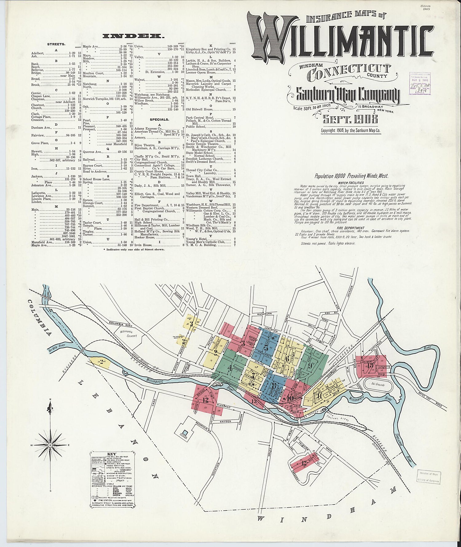 This old map of Willimantic, Windham County, Connecticut was created by Sanborn Map Company in 1908