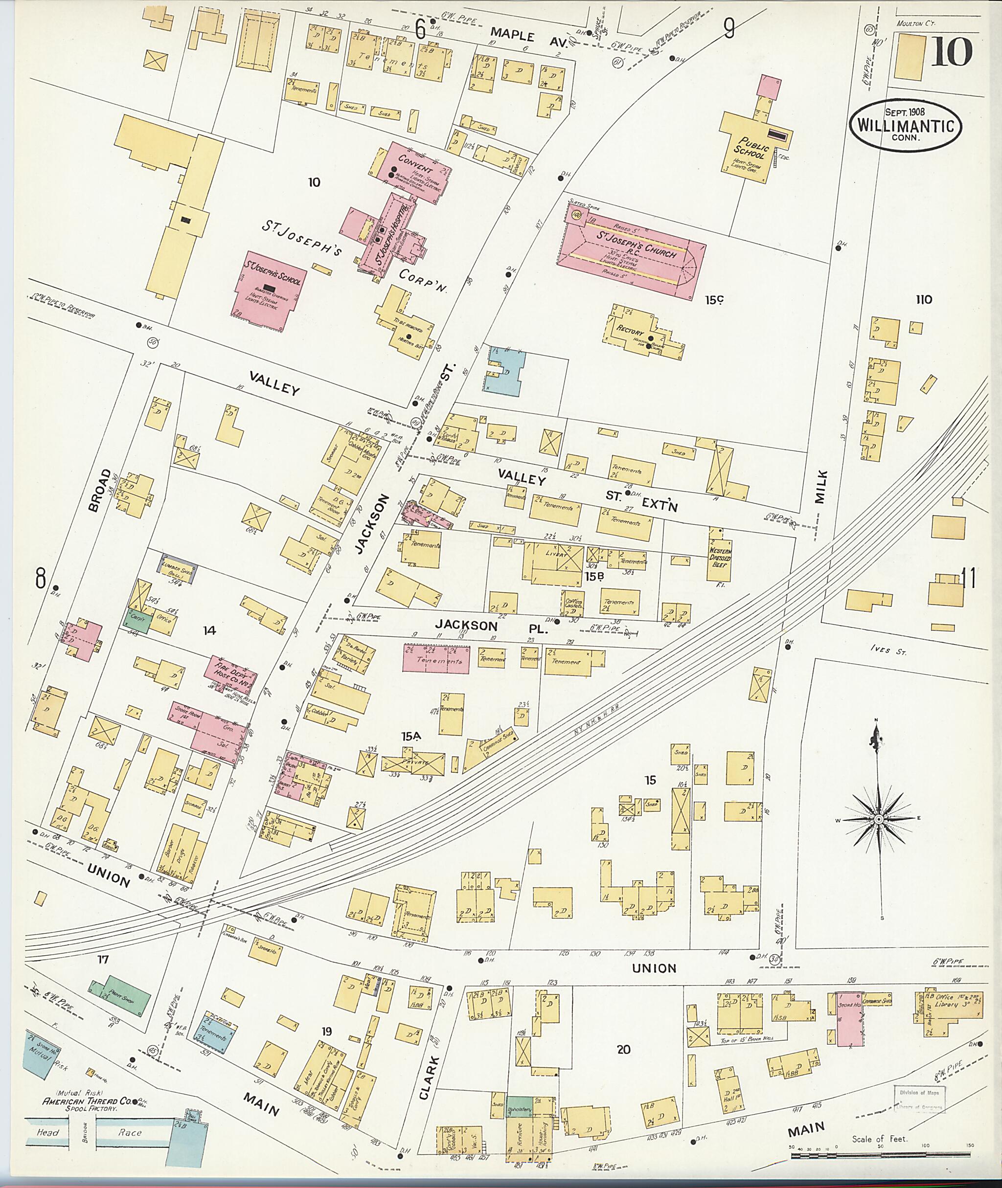 This old map of Willimantic, Windham County, Connecticut was created by Sanborn Map Company in 1908
