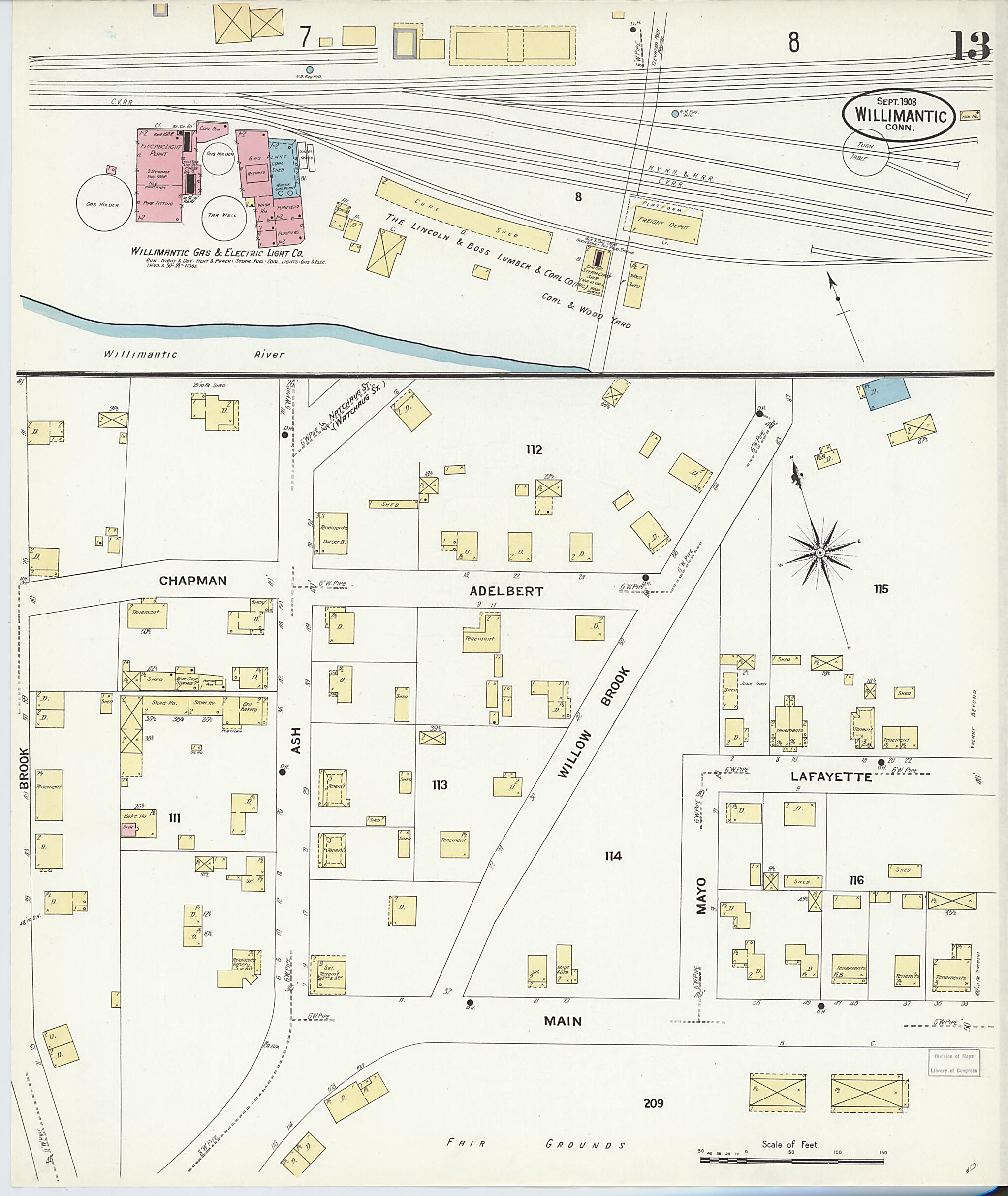 This old map of Willimantic, Windham County, Connecticut was created by Sanborn Map Company in 1908