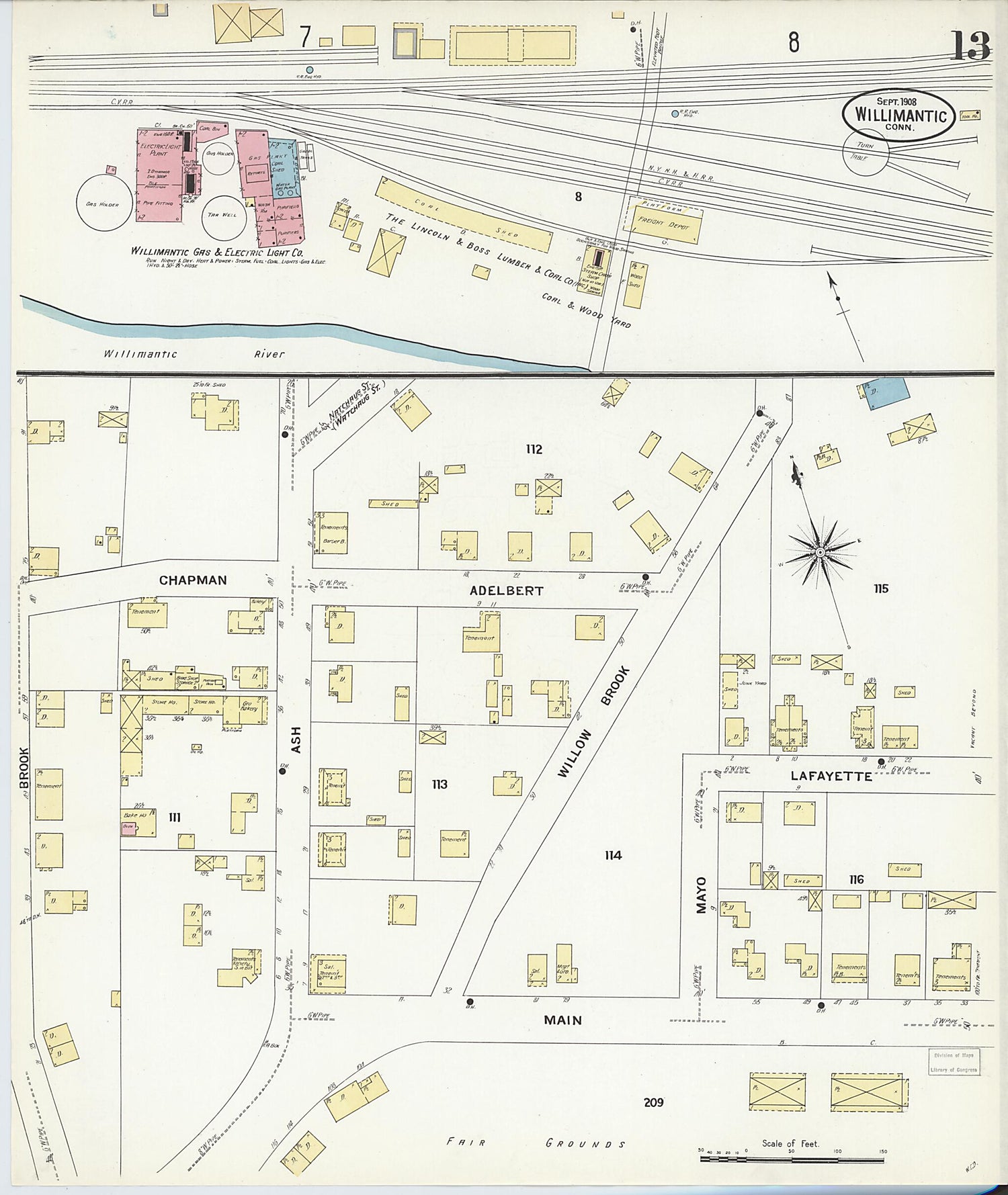 This old map of Willimantic, Windham County, Connecticut was created by Sanborn Map Company in 1908
