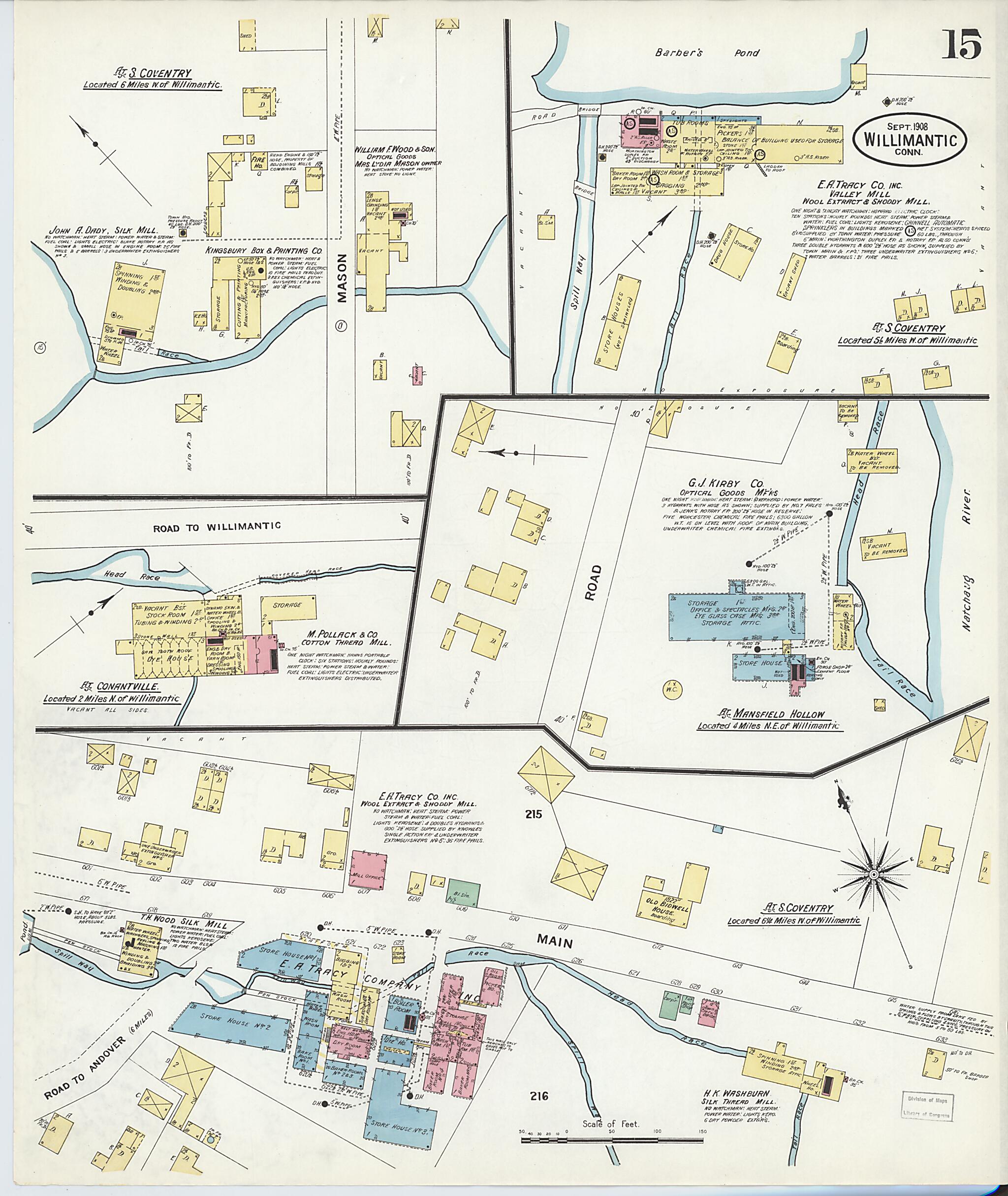 This old map of Willimantic, Windham County, Connecticut was created by Sanborn Map Company in 1908