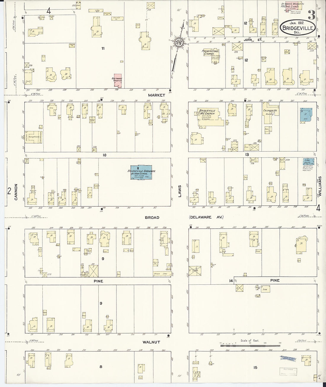 This old map of Bridgeville, Sussex County, Delaware was created by Sanborn Map Company in 1912