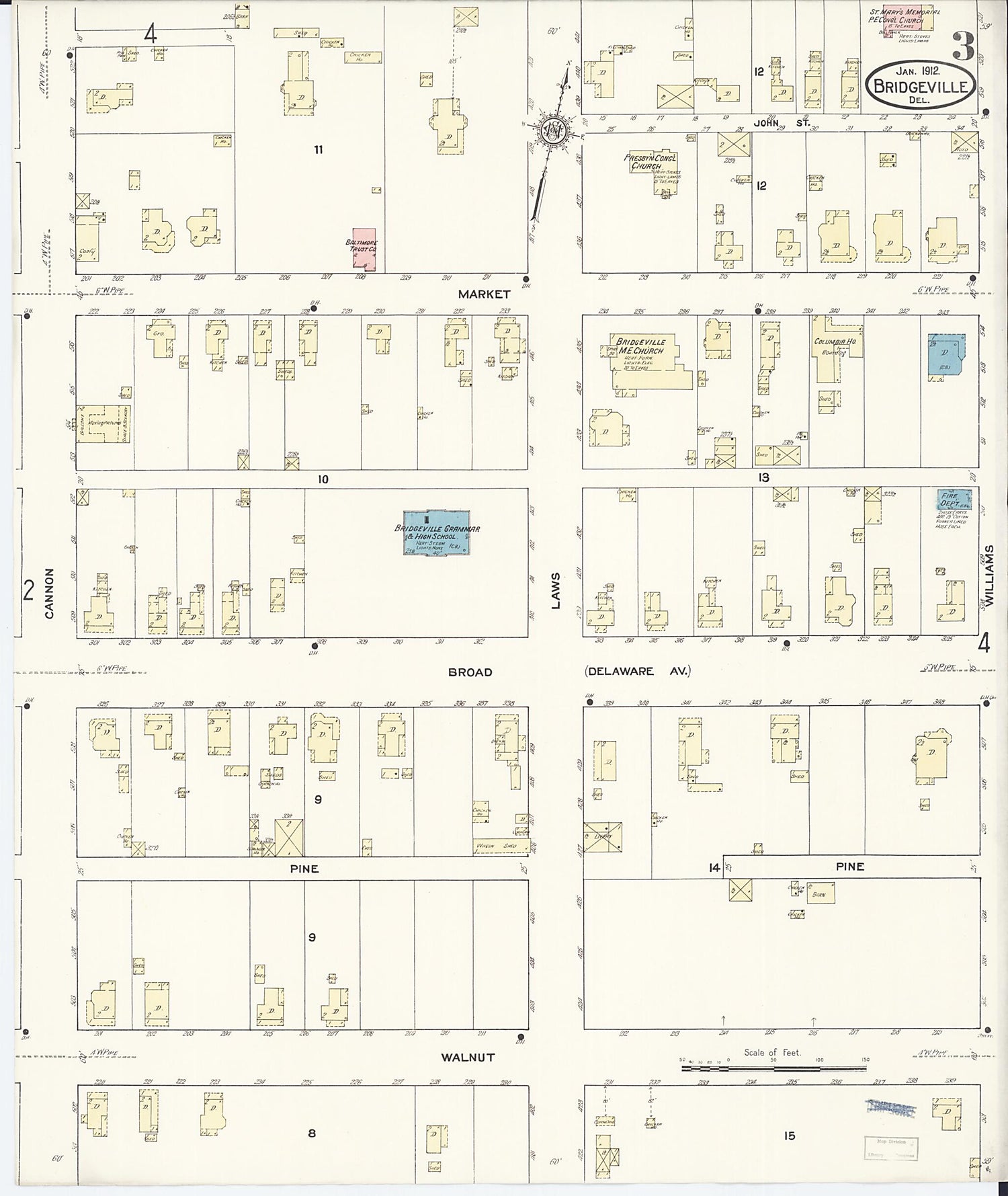 This old map of Bridgeville, Sussex County, Delaware was created by Sanborn Map Company in 1912