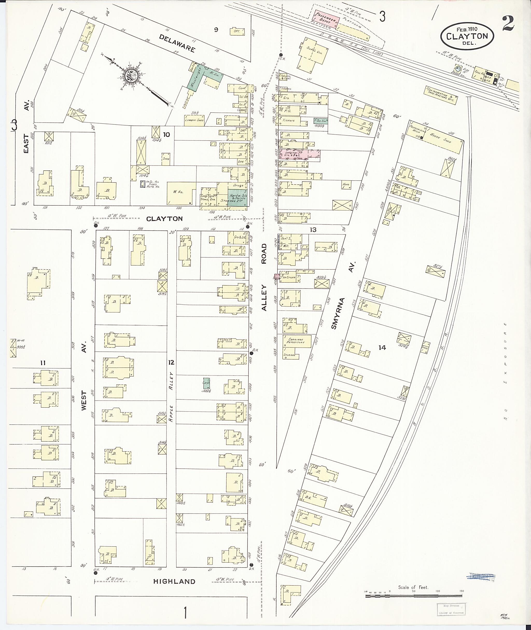 This old map of Clayton, Kent County, Delaware was created by Sanborn Map Company in 1910