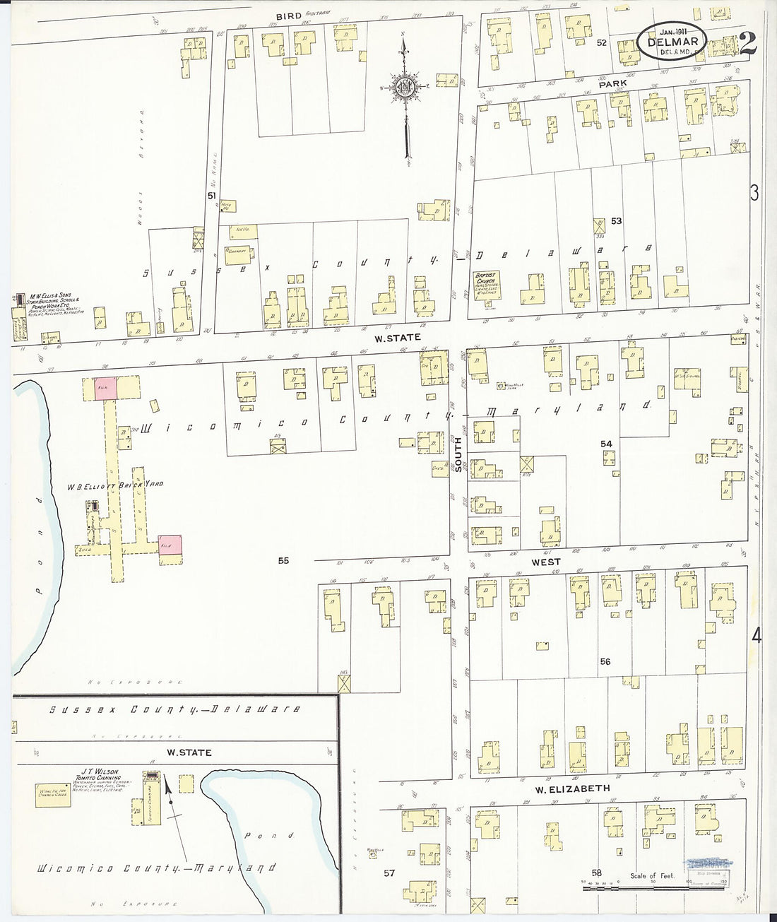 This old map of Delmar, Wicomico County, Maryland was created by Sanborn Map Company in 1911