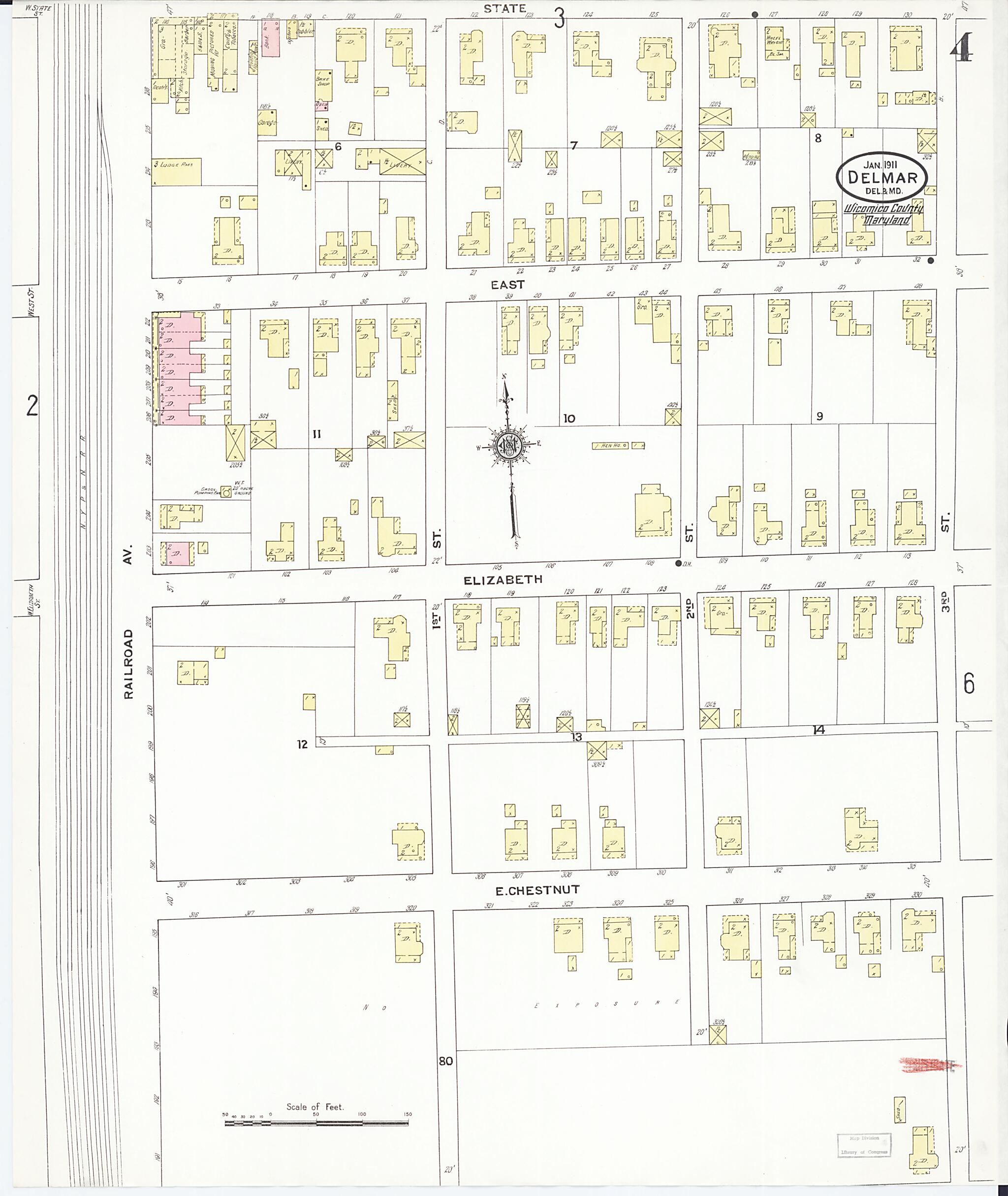 This old map of Delmar, Wicomico County, Maryland was created by Sanborn Map Company in 1911