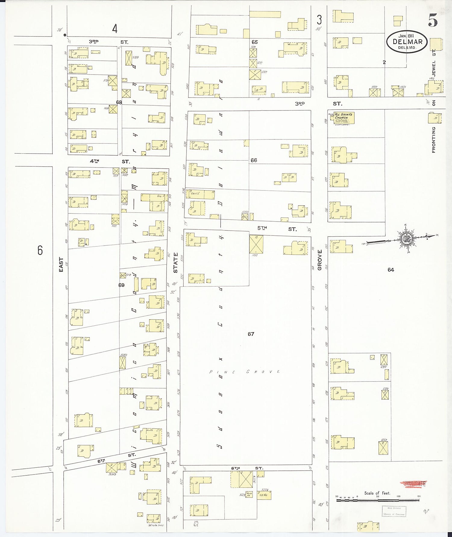 This old map of Delmar, Wicomico County, Maryland was created by Sanborn Map Company in 1911