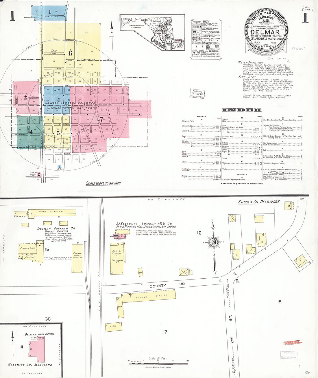 This old map of Delmar, Wicomico County, Maryland was created by Sanborn Map Company in 1923