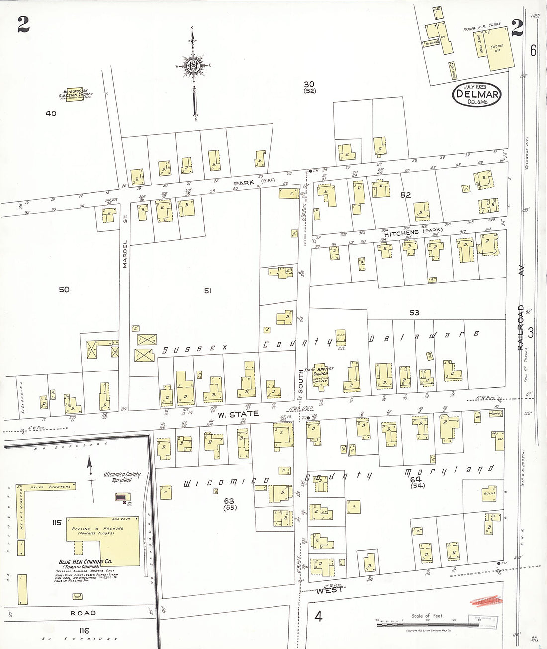 This old map of Delmar, Wicomico County, Maryland was created by Sanborn Map Company in 1923