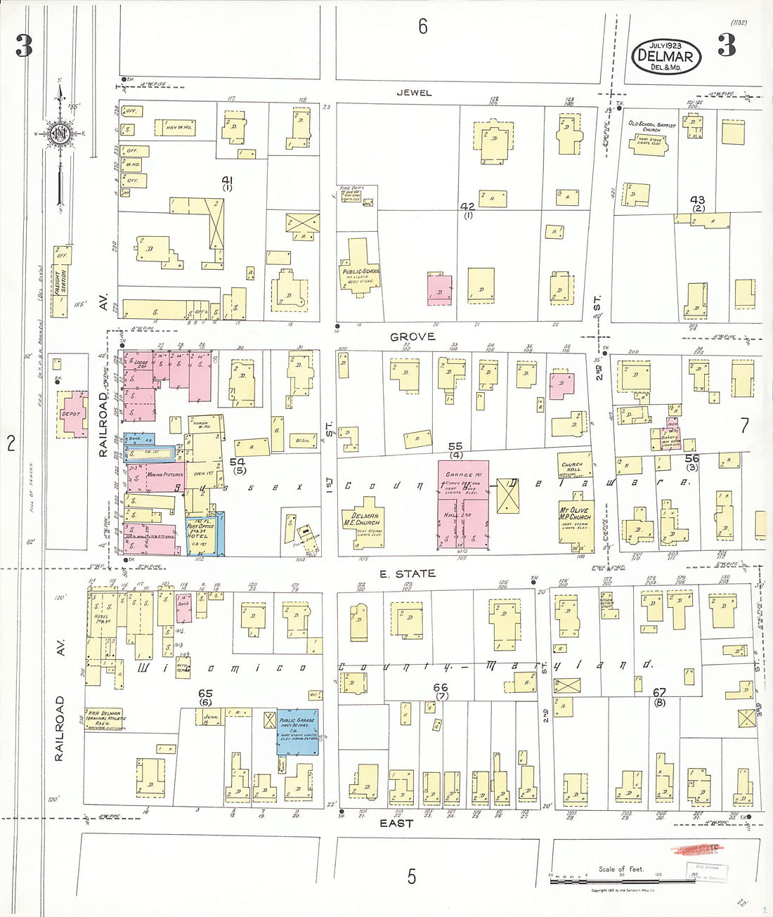 This old map of Delmar, Wicomico County, Maryland was created by Sanborn Map Company in 1923