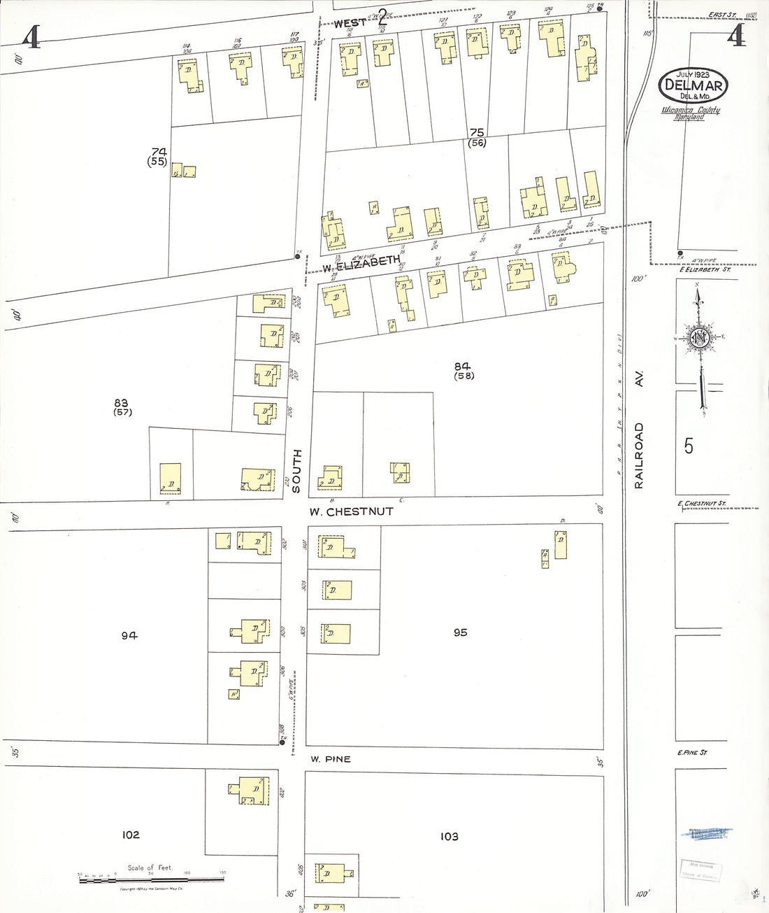 This old map of Delmar, Wicomico County, Maryland was created by Sanborn Map Company in 1923