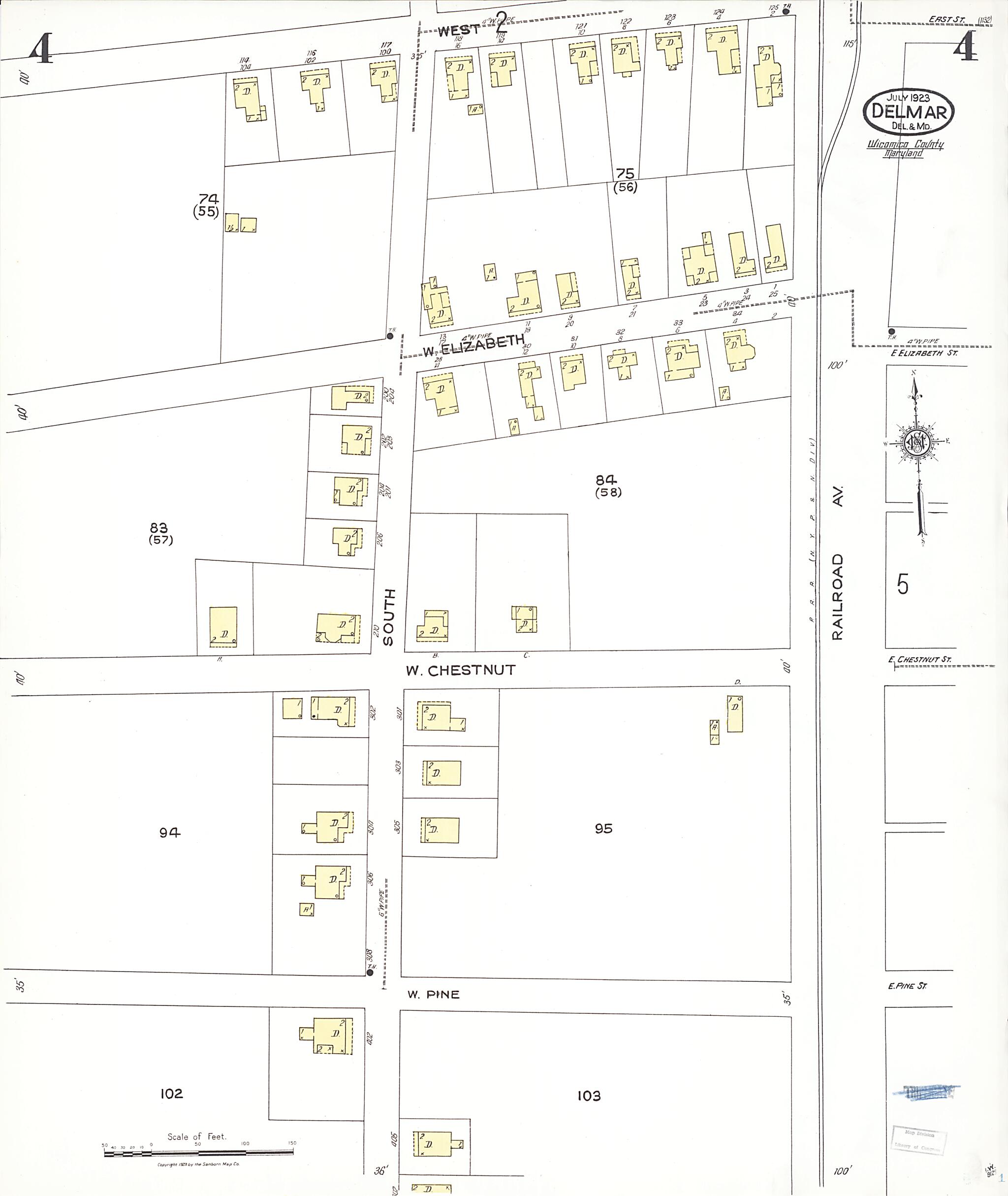 This old map of Delmar, Wicomico County, Maryland was created by Sanborn Map Company in 1923