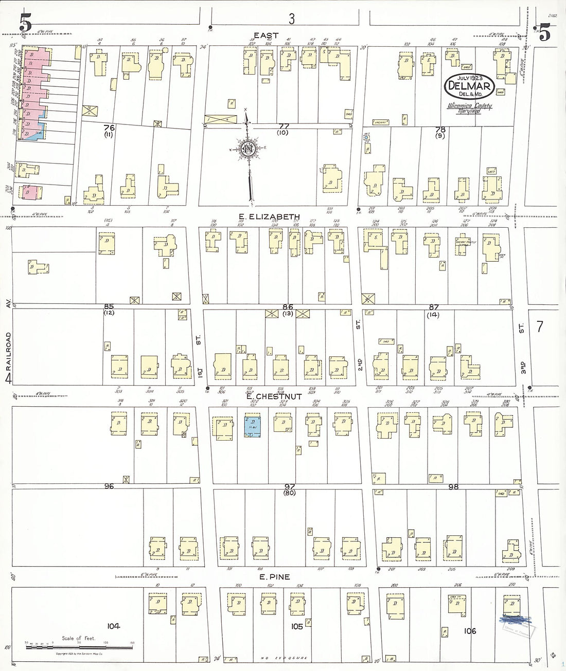 This old map of Delmar, Wicomico County, Maryland was created by Sanborn Map Company in 1923