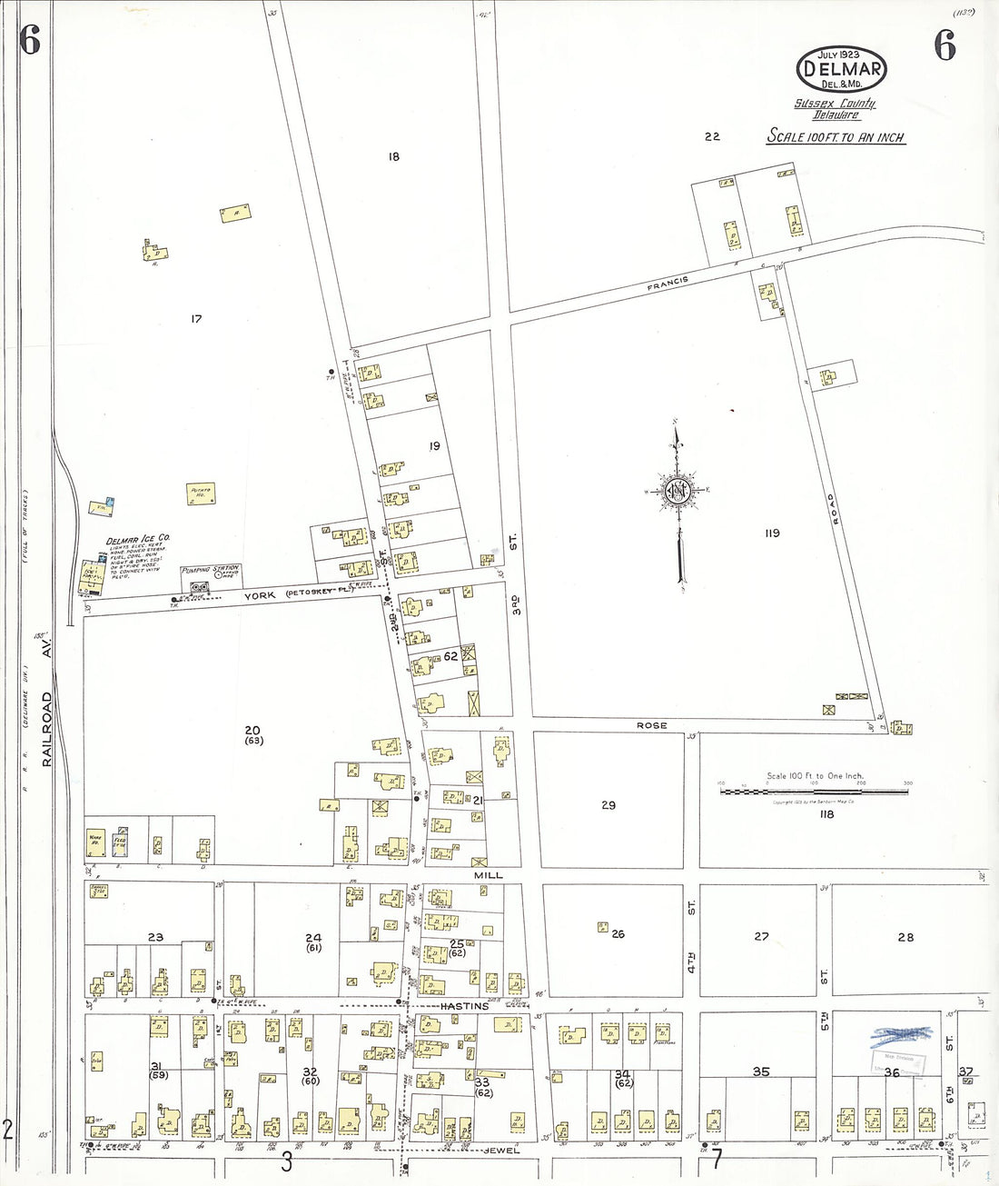 This old map of Delmar, Wicomico County, Maryland was created by Sanborn Map Company in 1923