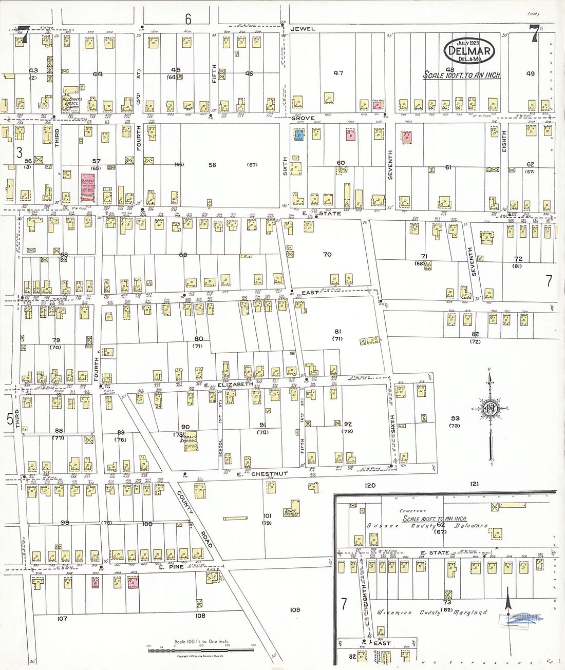 This old map of Delmar, Wicomico County, Maryland was created by Sanborn Map Company in 1923