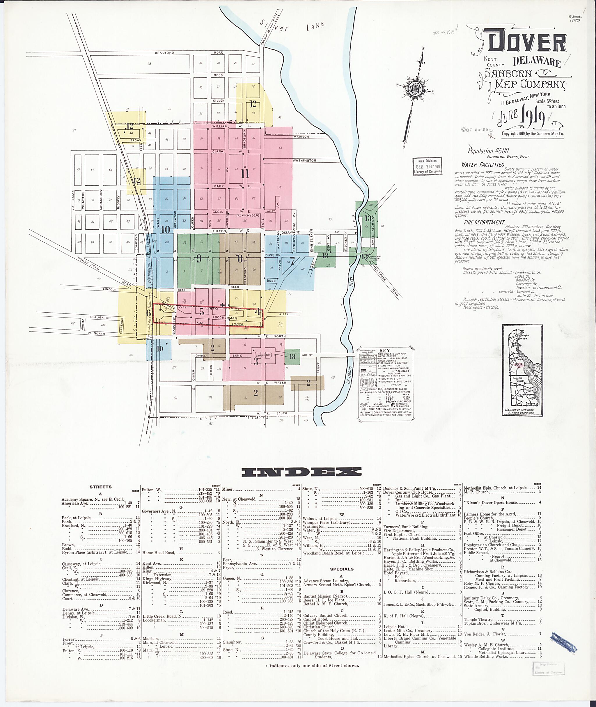 This old map of Dover, Kent County, Delaware was created by Sanborn Map Company in 1919