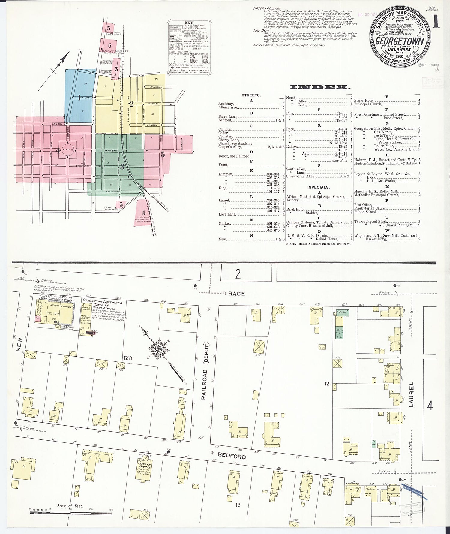 This old map of Georgetown, Sussex County, Delaware was created by Sanborn Map Company in 1910