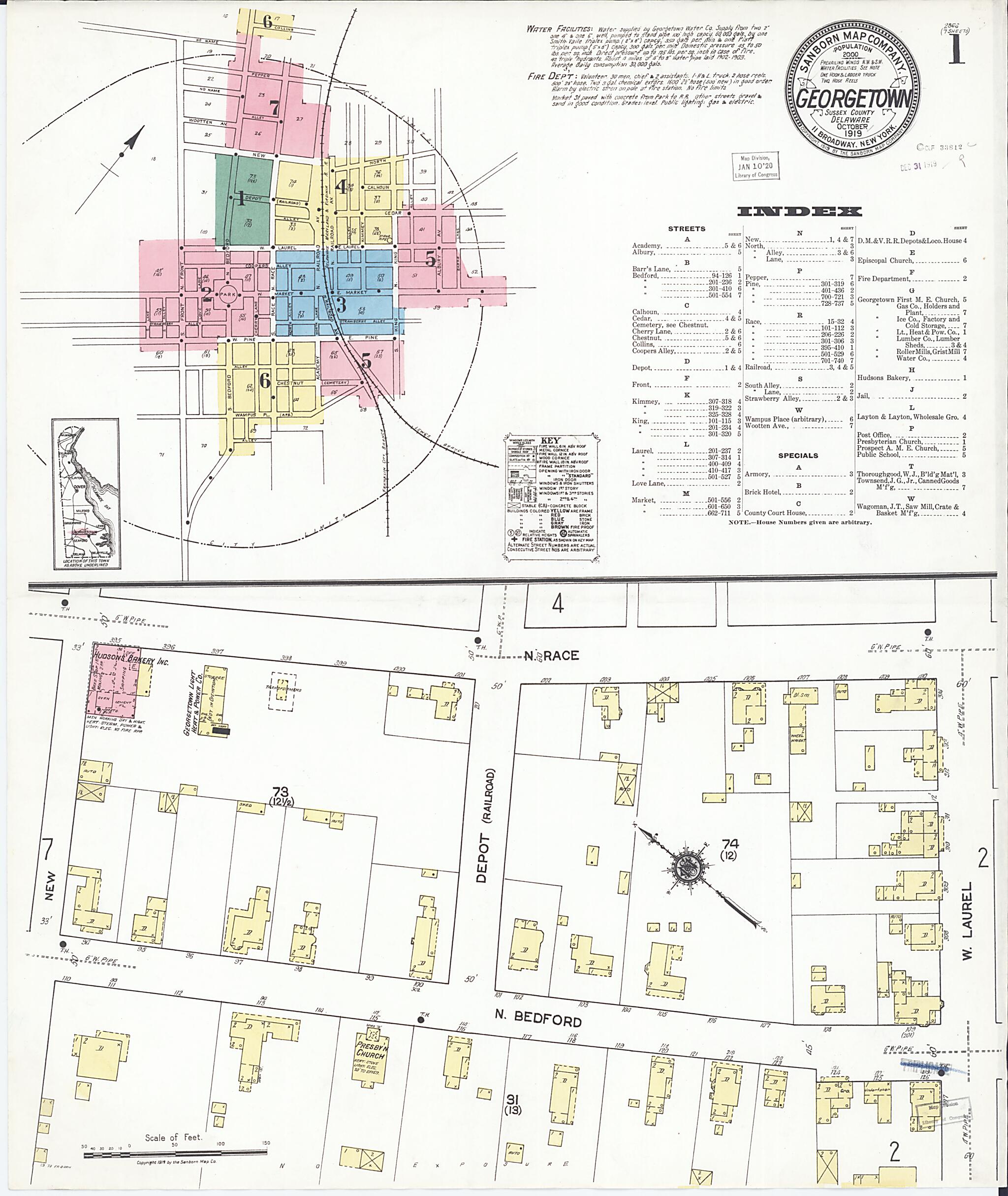 This old map of Georgetown, Sussex County, Delaware was created by Sanborn Map Company in 1919