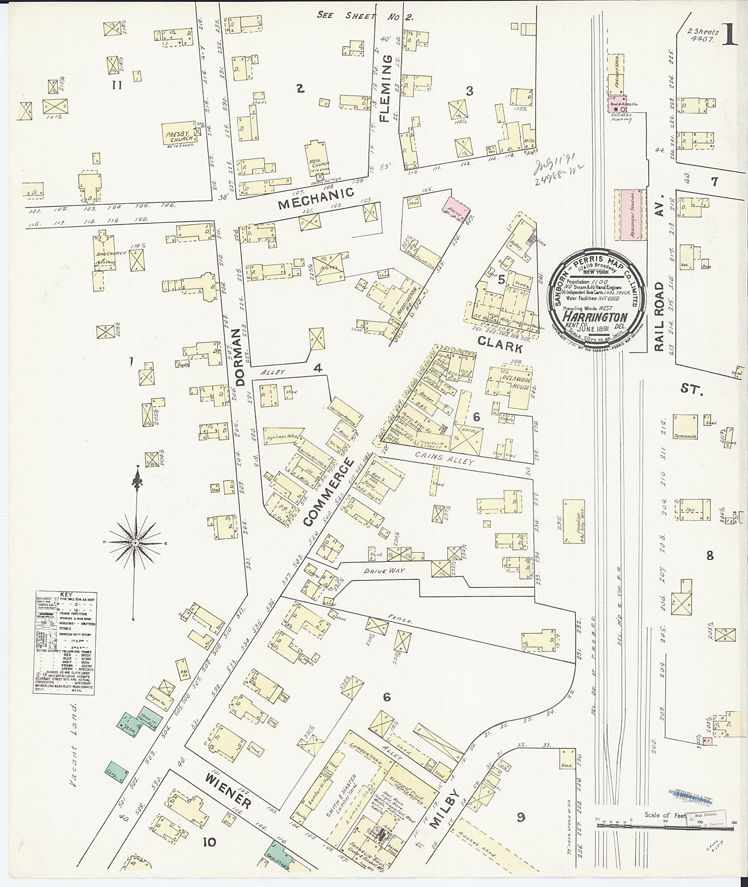 This old map of Harrington, Kent County, Delaware was created by Sanborn Map Company in 1891