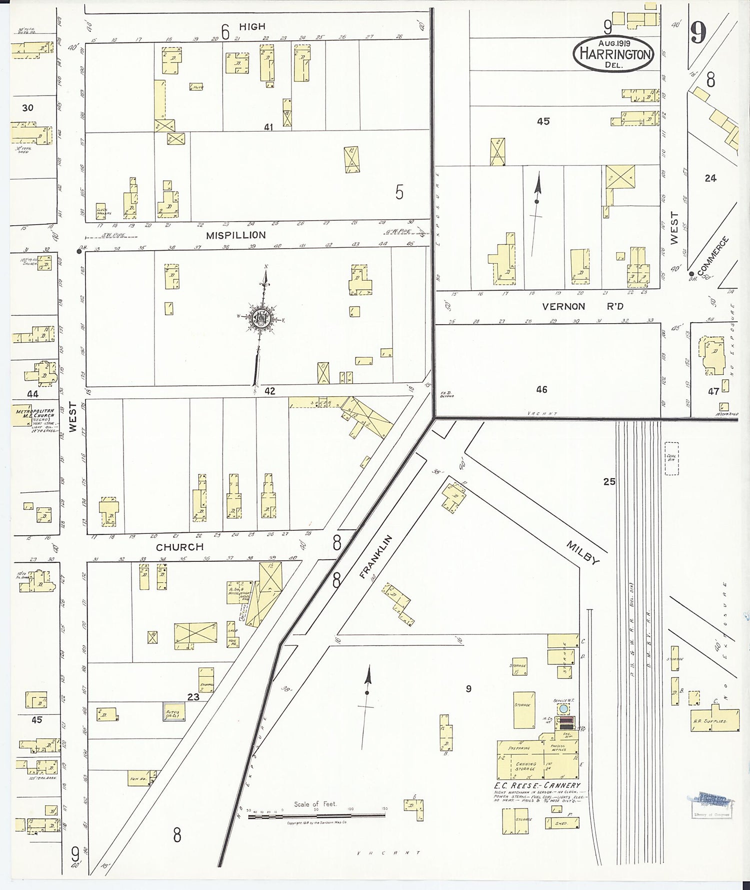 This old map of Harrington, Kent County, Delaware was created by Sanborn Map Company in 1919