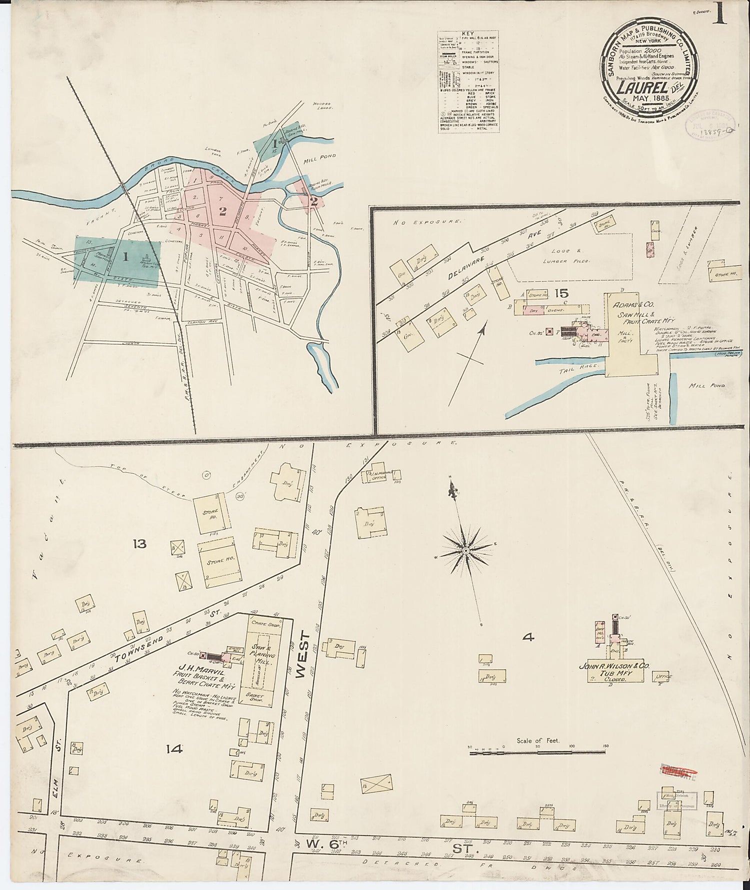 This old map of Laurel, Sussex County, Delaware was created by Sanborn Map Company in 1885