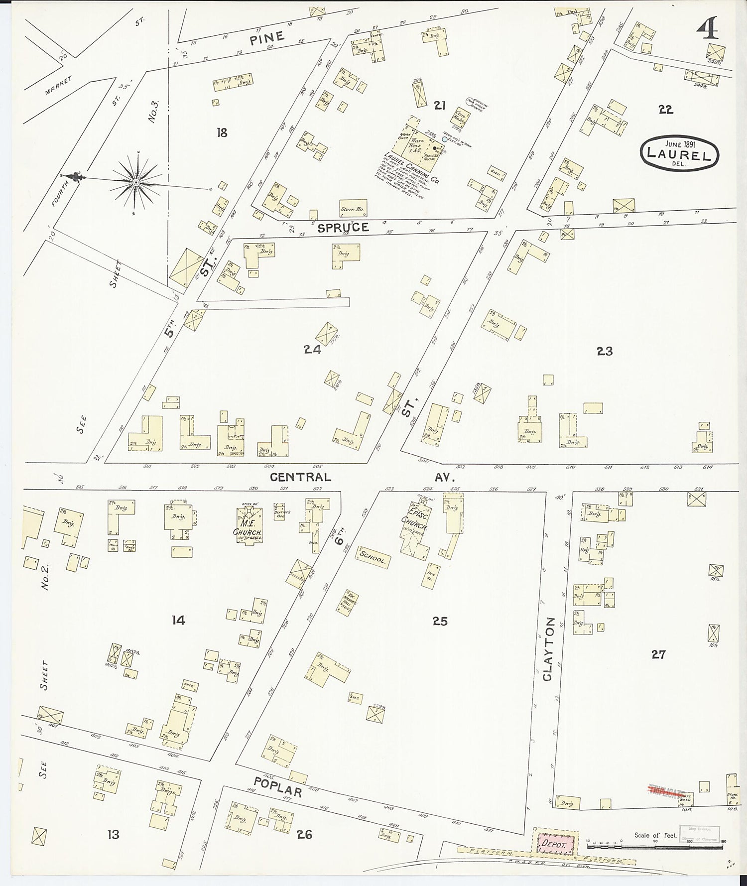 This old map of Laurel, Sussex County, Delaware was created by Sanborn Map Company in 1891